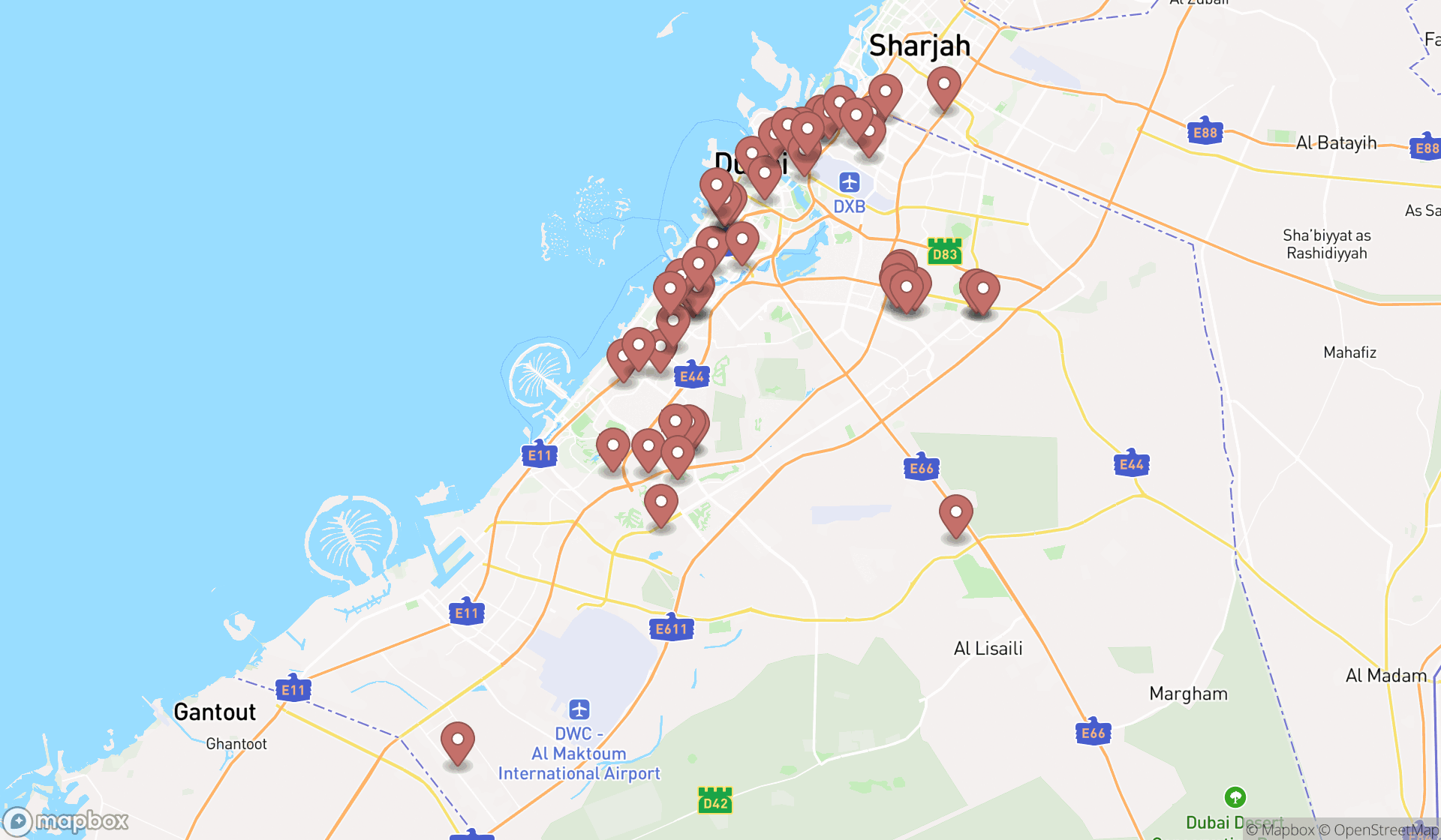 Map showing the search results in Dubai
