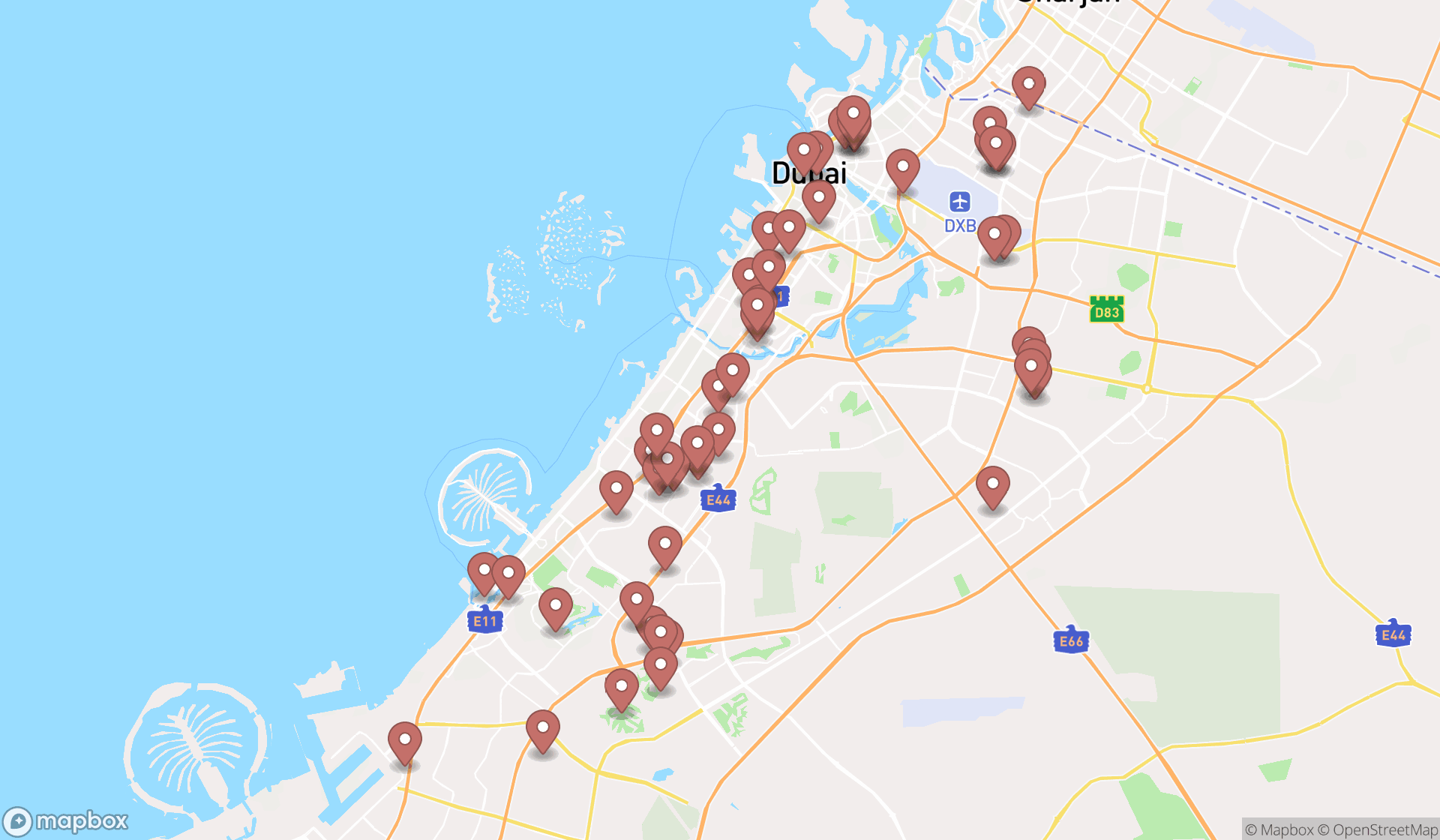 Map showing the search results in Dubai