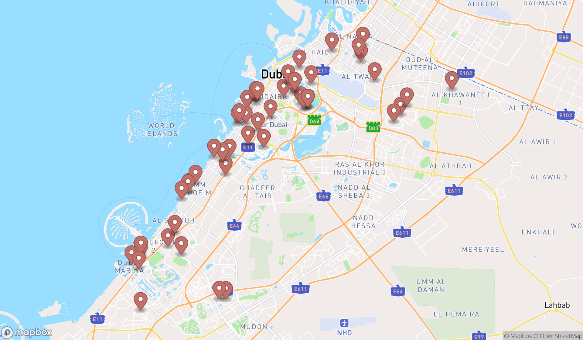 Map showing the search results in Dubai