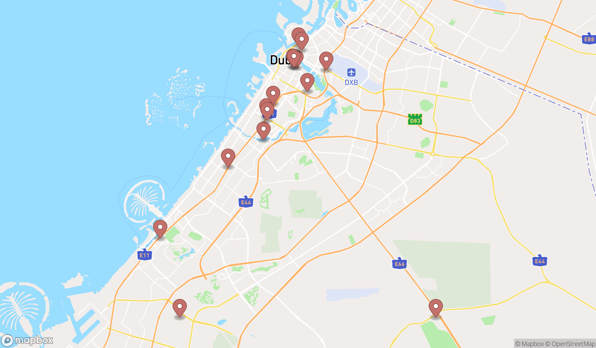 Map showing the search results in Dubai