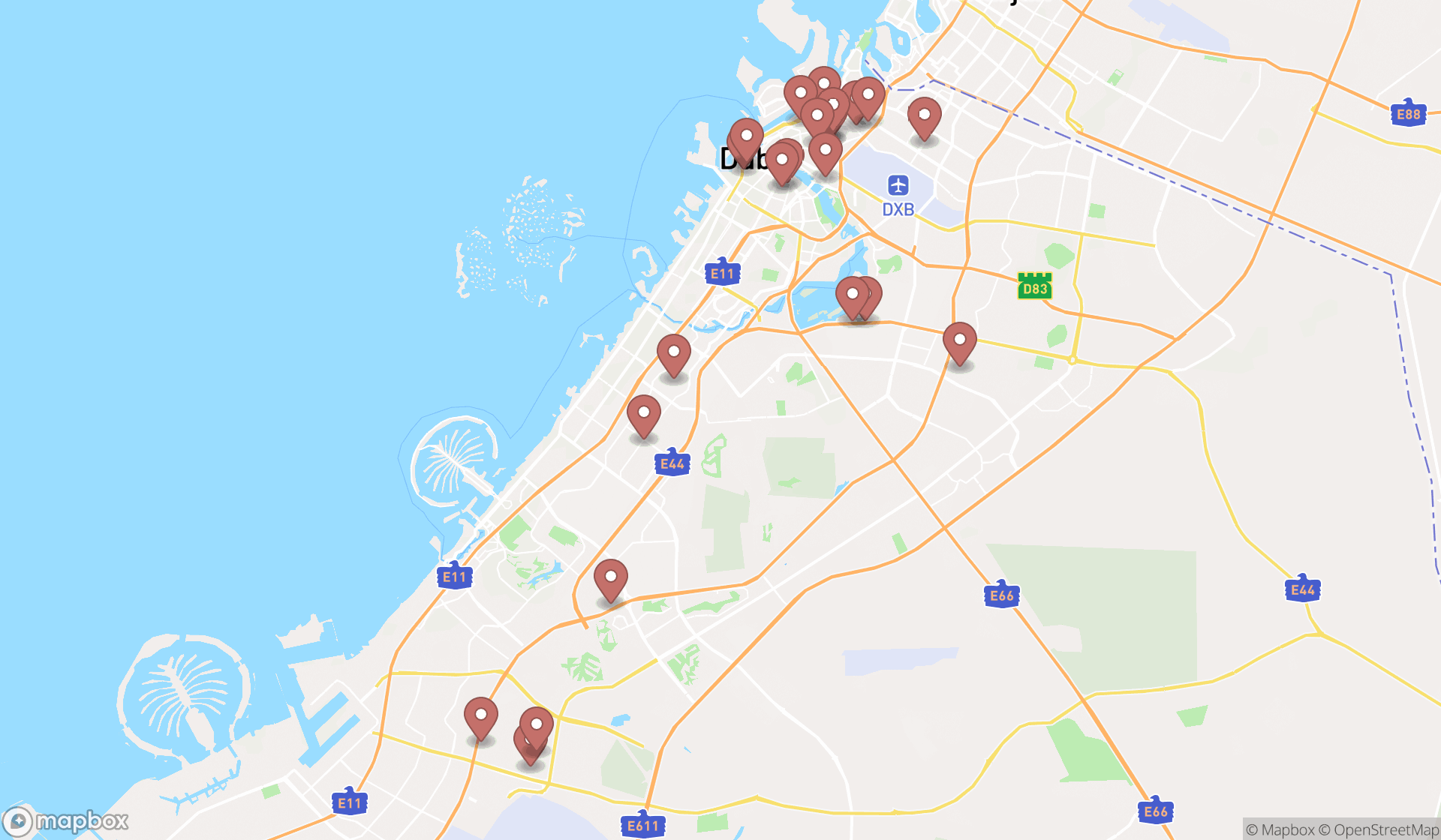 Map showing the search results in Dubai