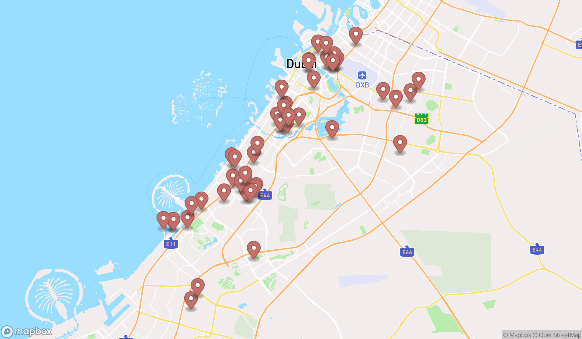 Map showing the search results in Dubai