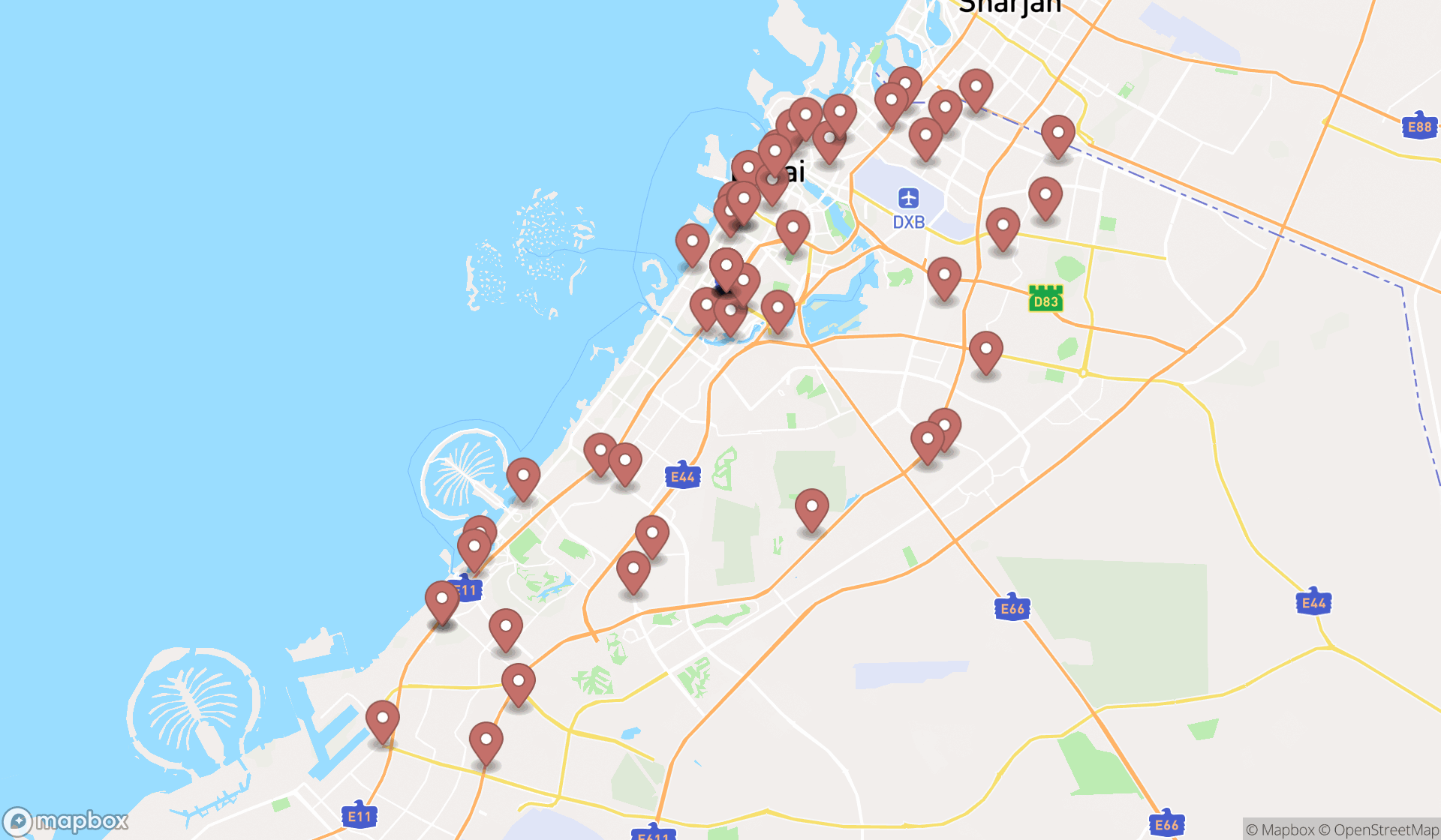Map showing the search results in Dubai
