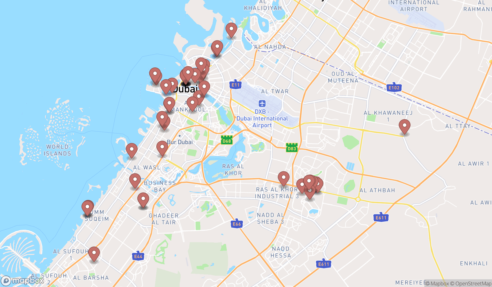 Map showing the search results in Dubai