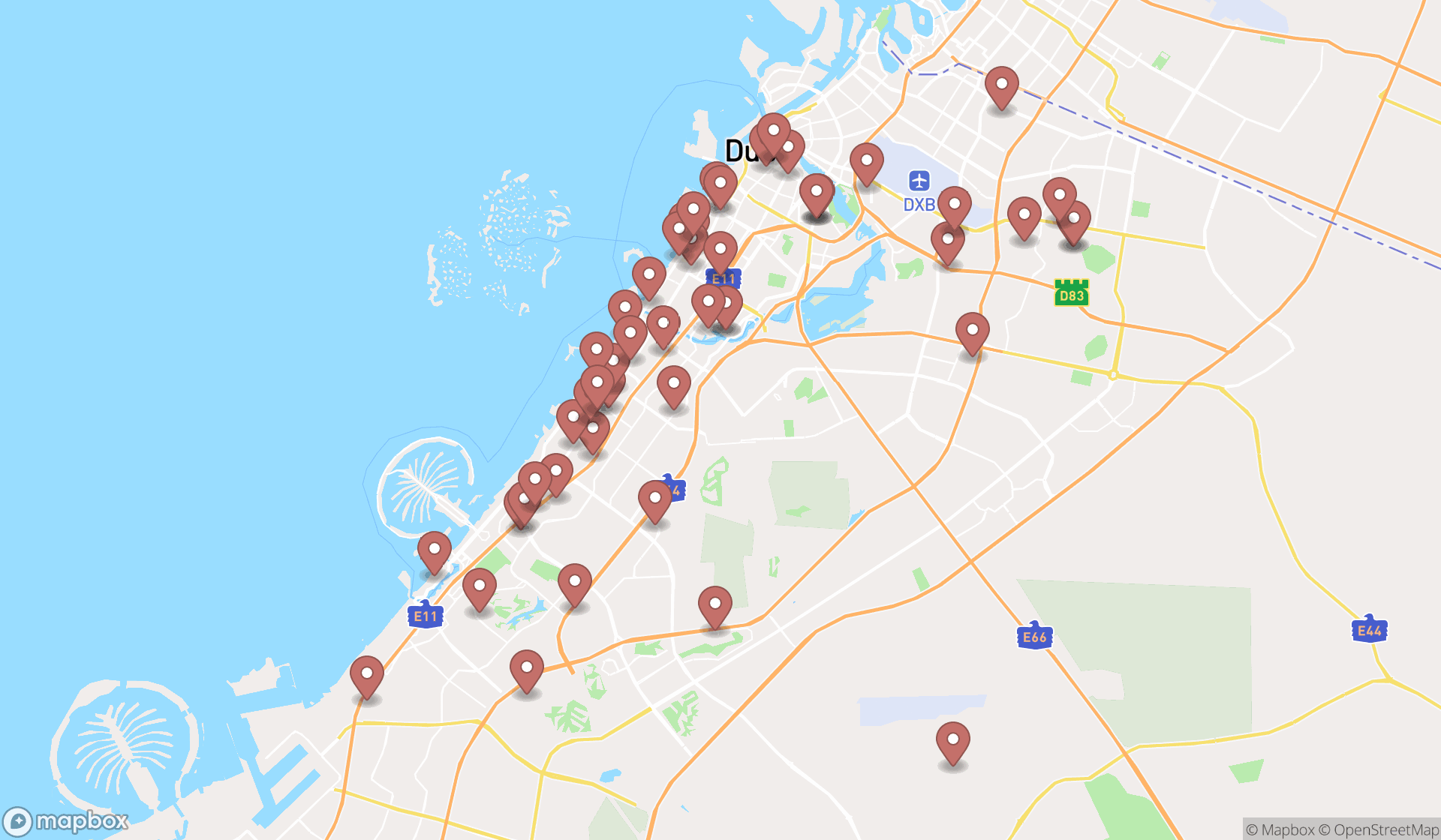 Map showing the search results in Dubai