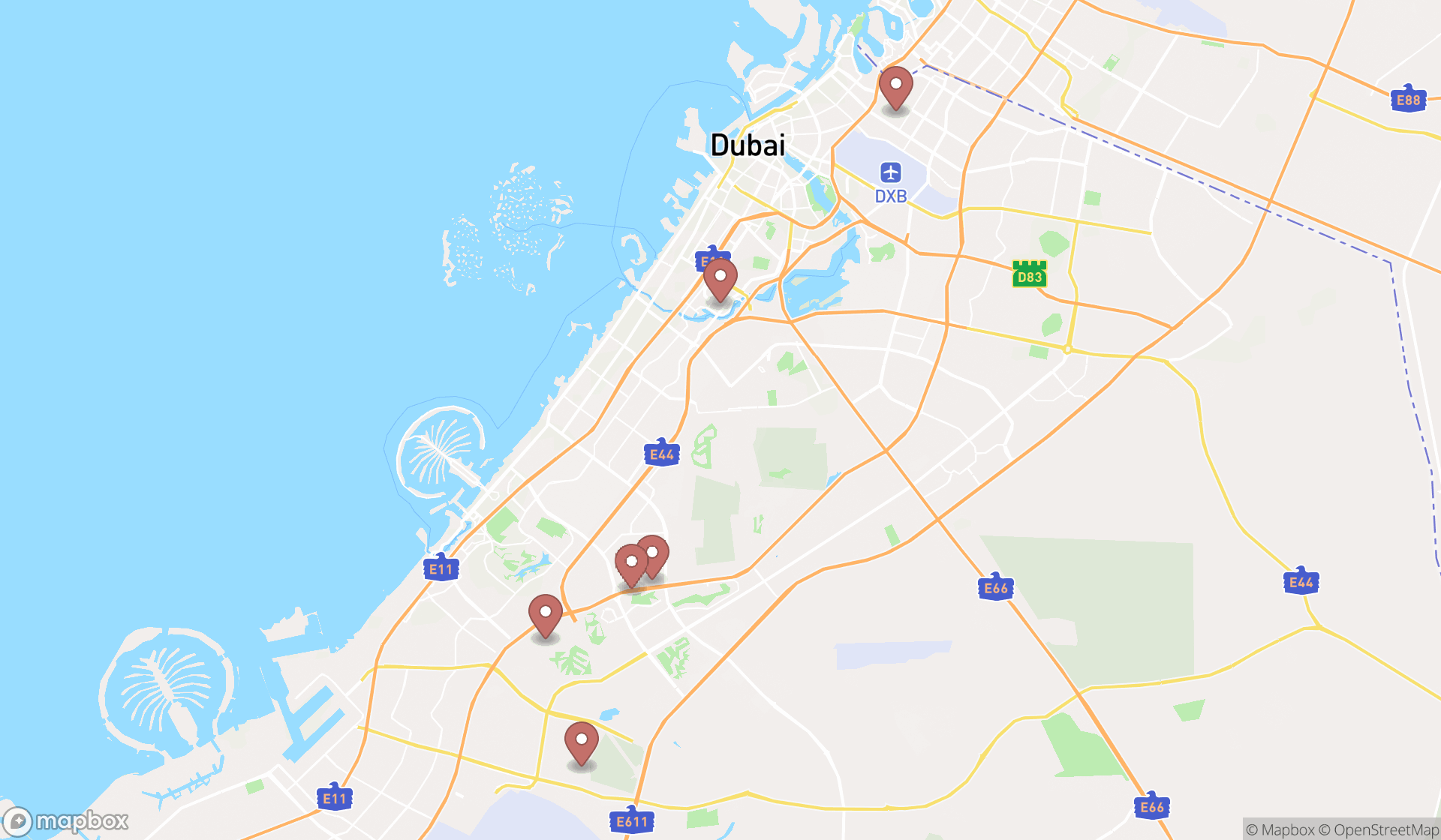 Map showing the search results in Dubai