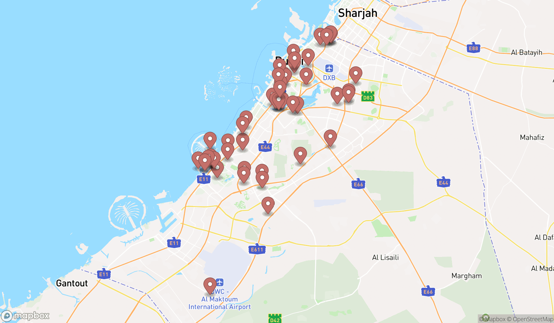 Map showing the search results in Dubai