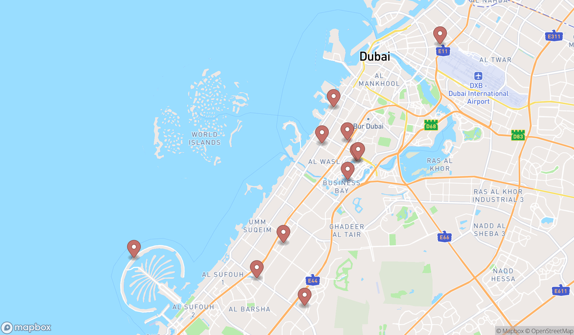Map showing the search results in Dubai