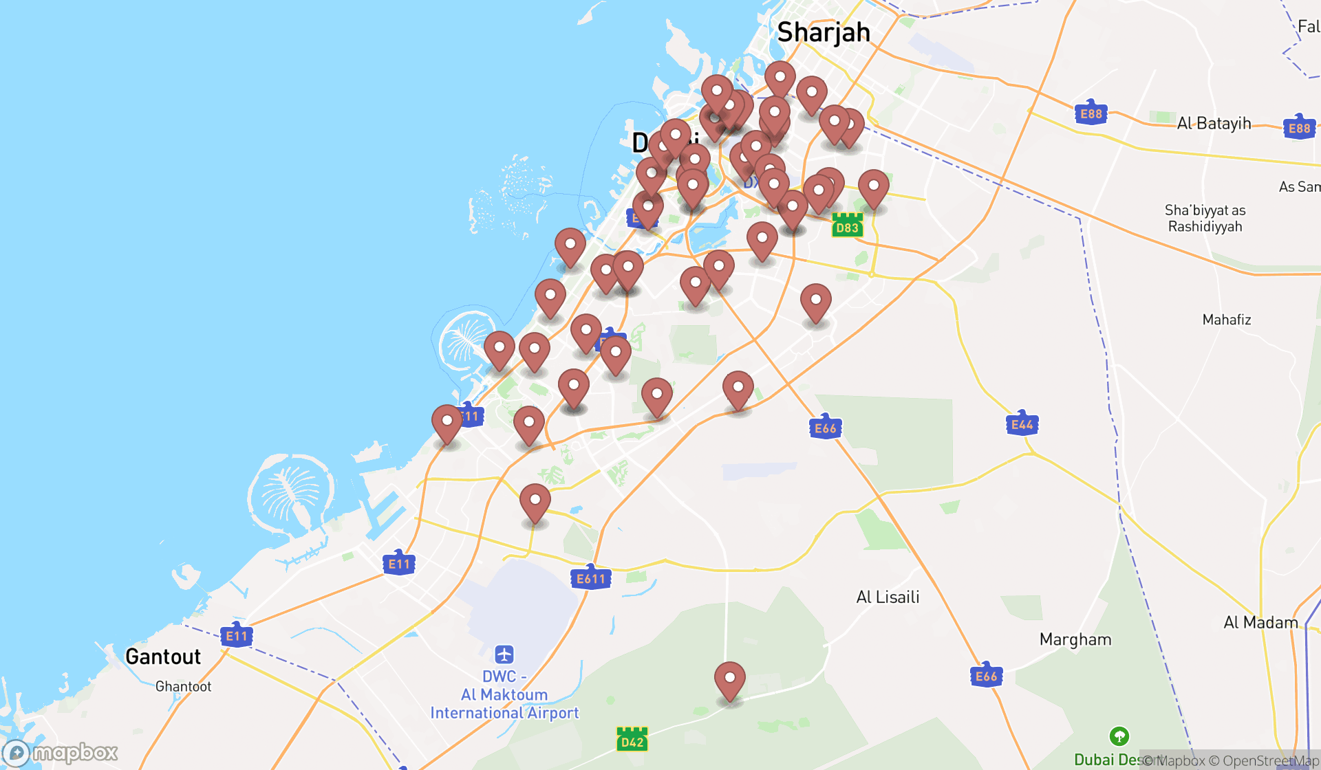 Map showing the search results in Dubai