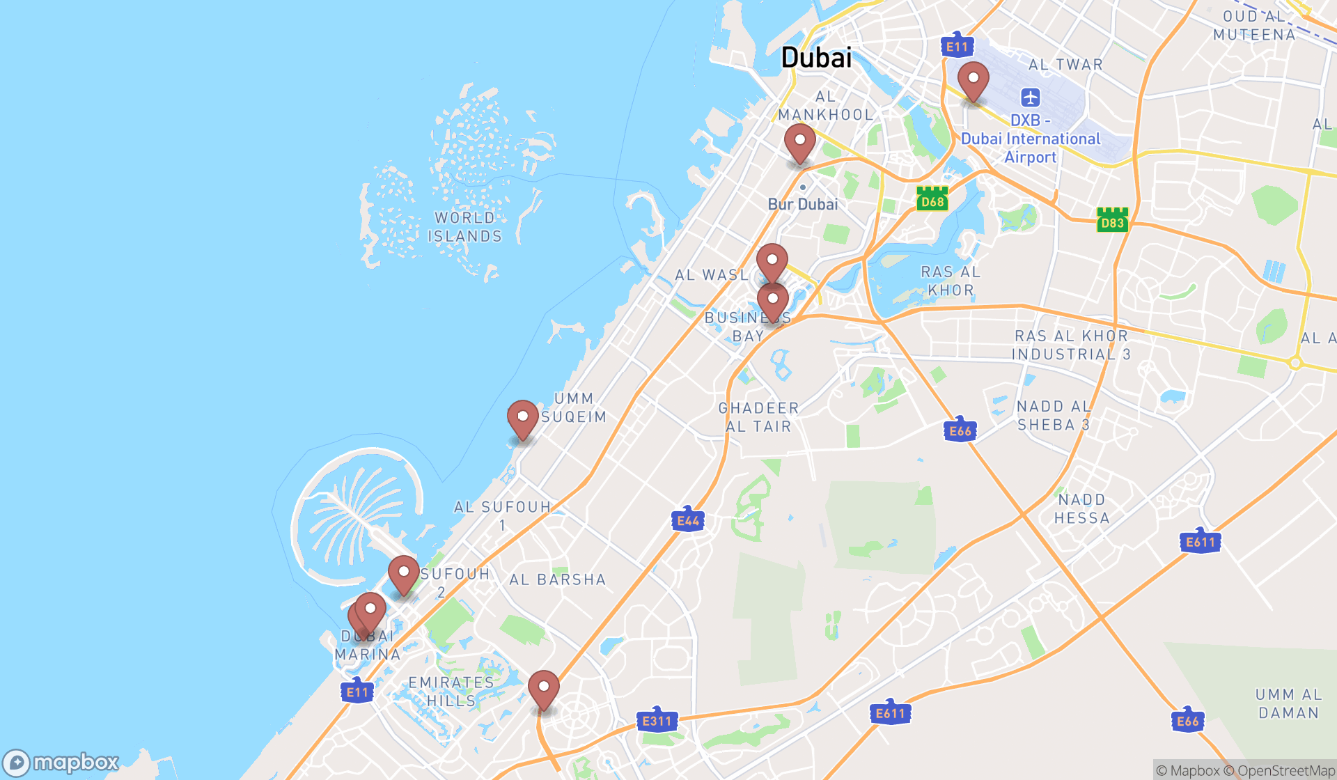 Map showing the search results in Dubai