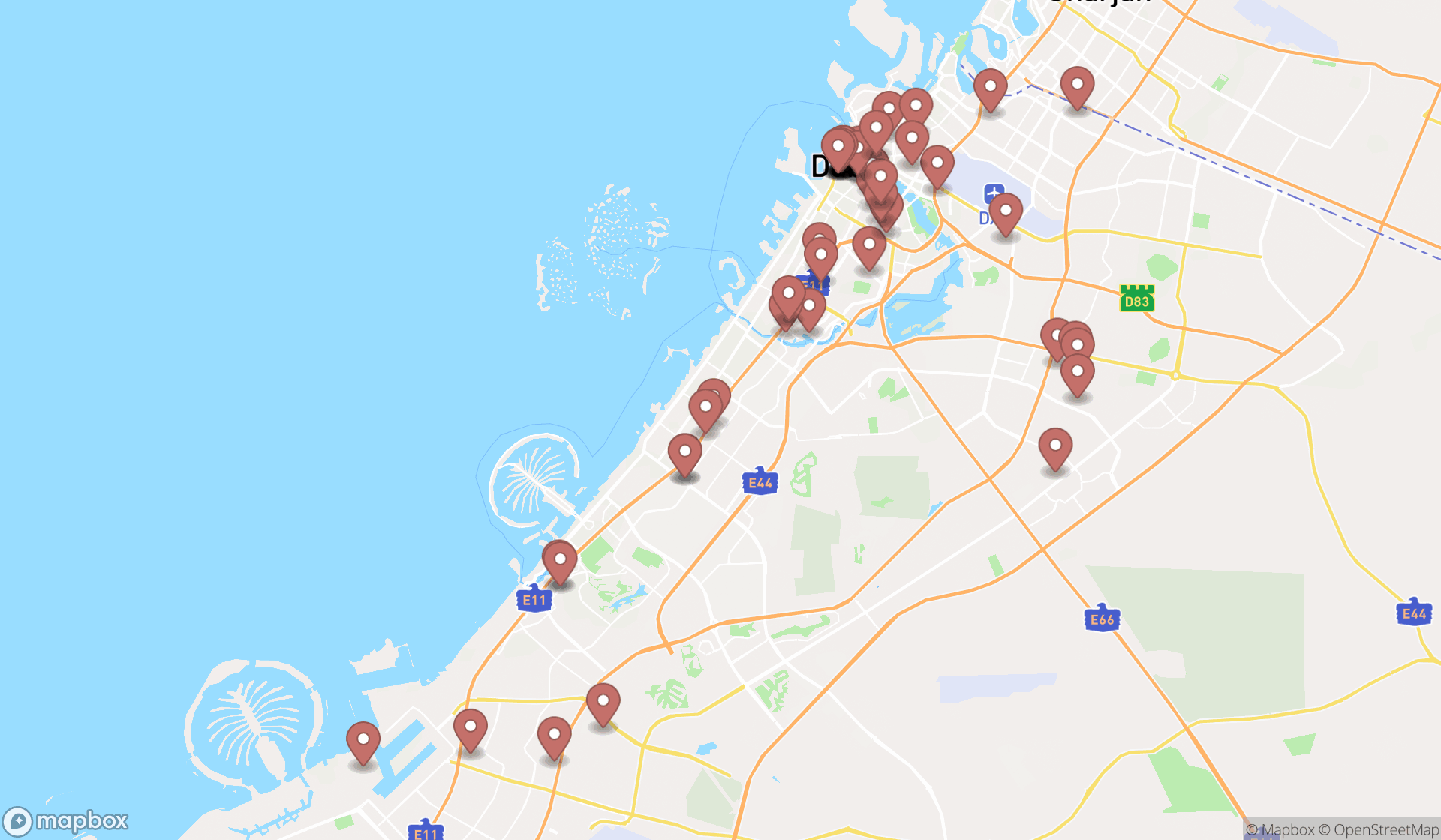 Map showing the search results in Dubai