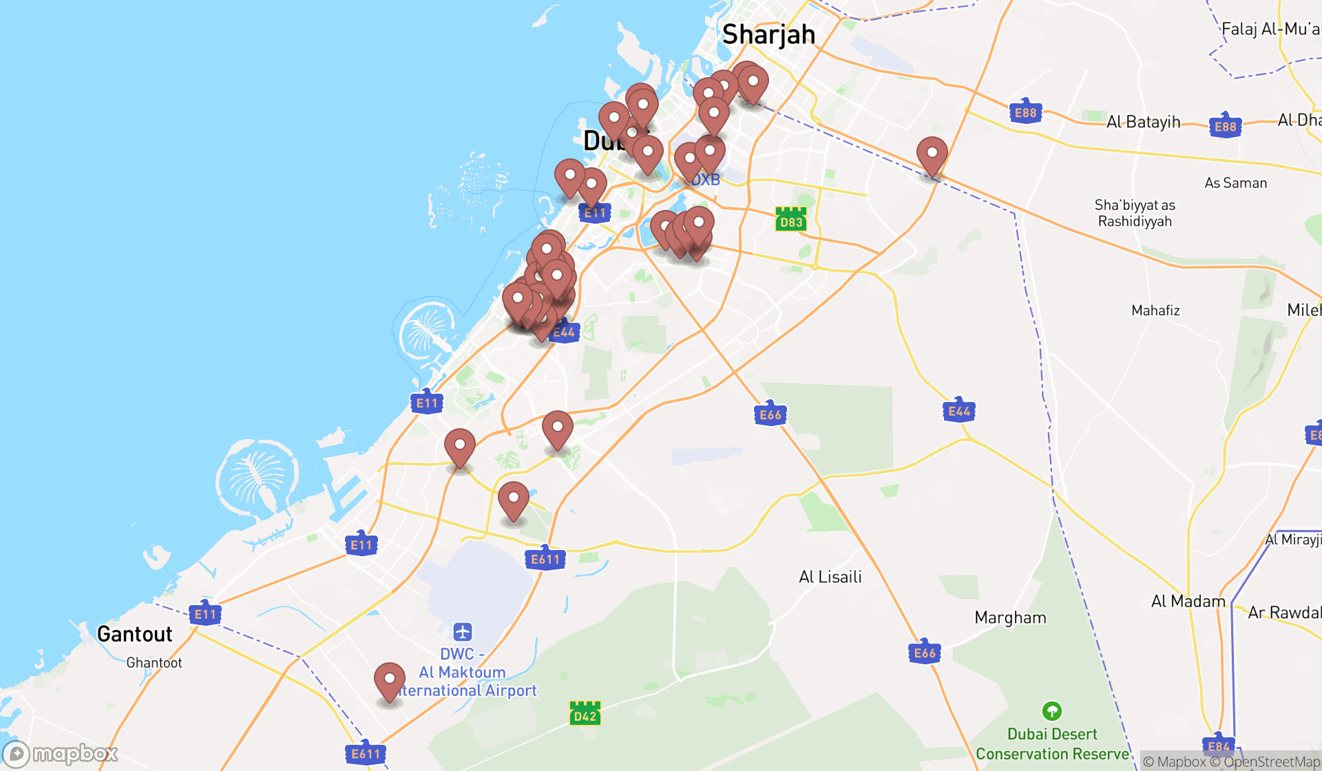 Map showing the search results in Dubai