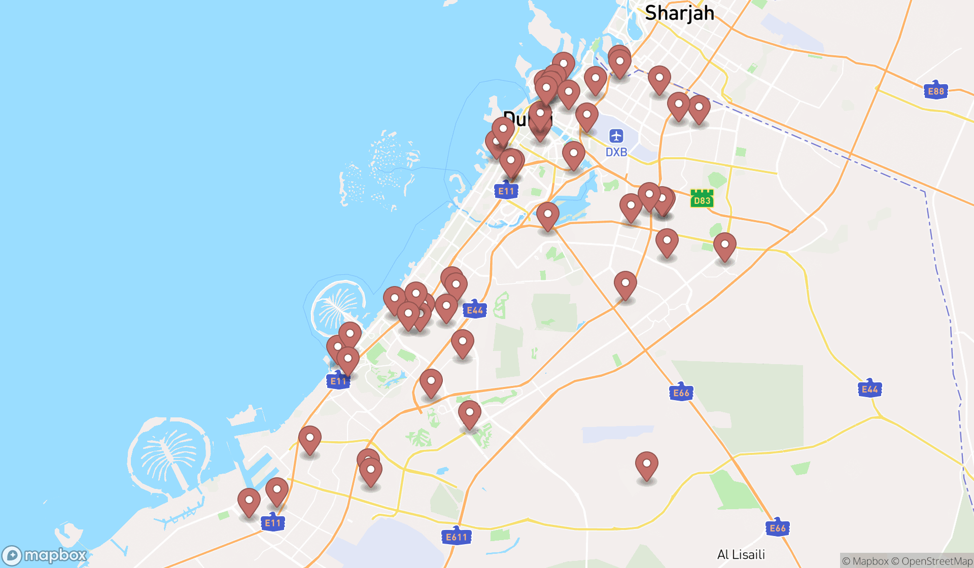 Map showing the search results in Dubai