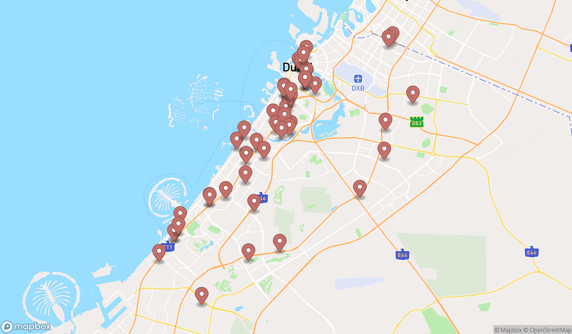 Map showing the search results in Dubai
