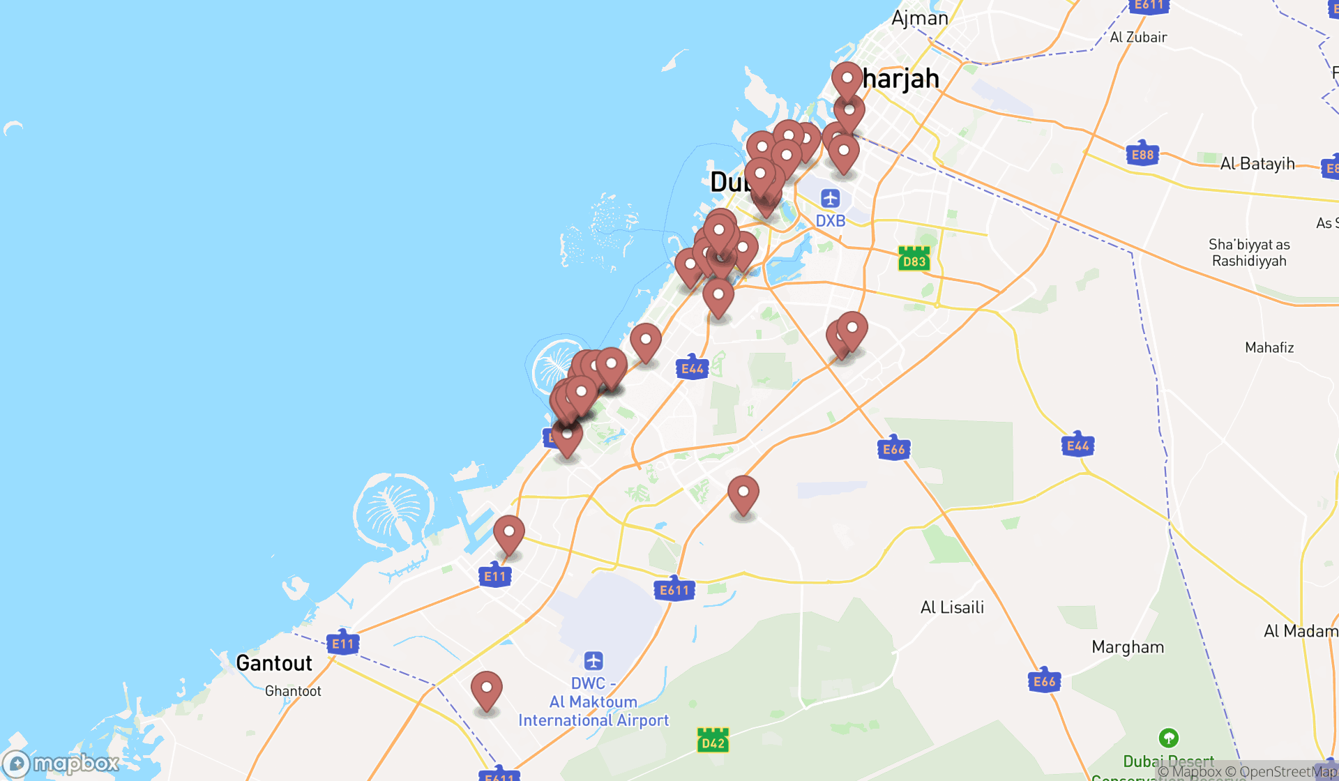Map showing the search results in Dubai