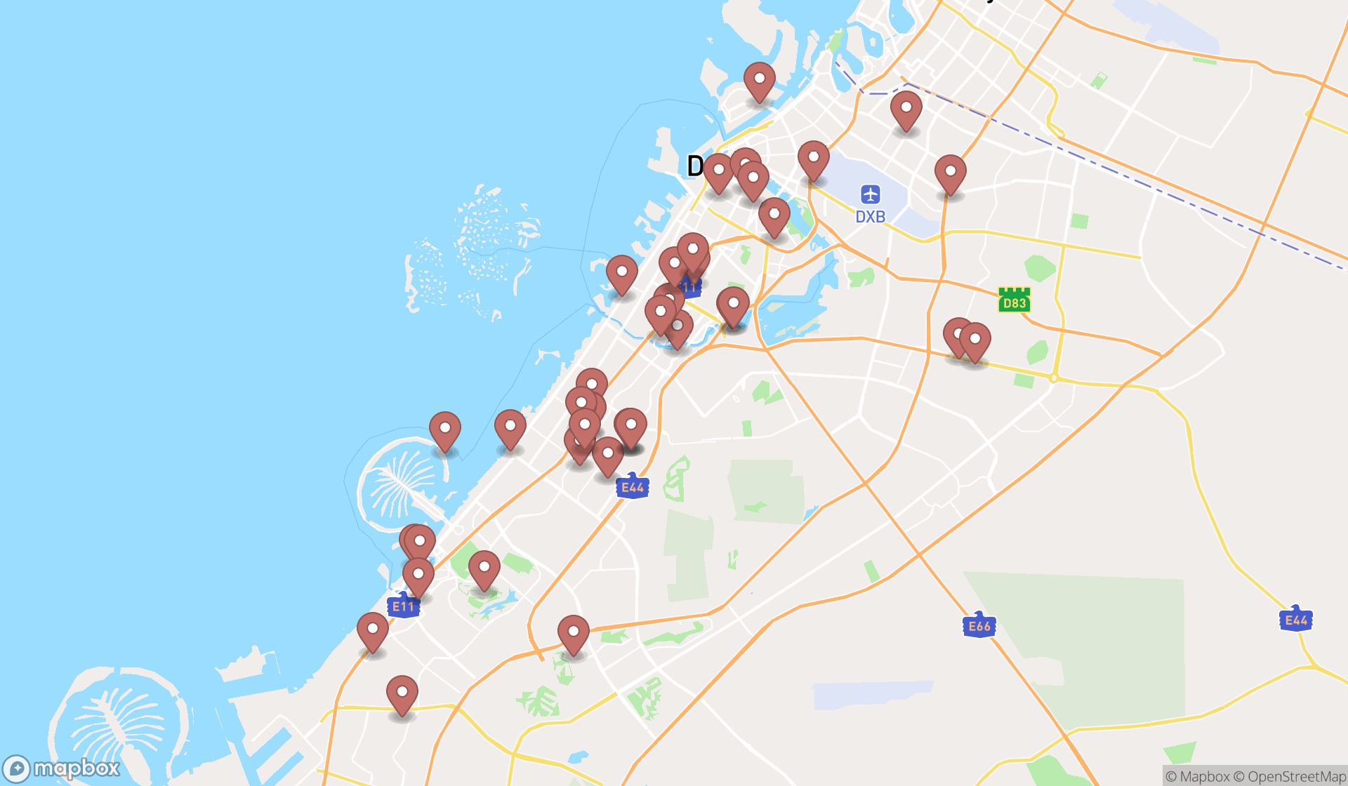 Map showing the search results in Dubai