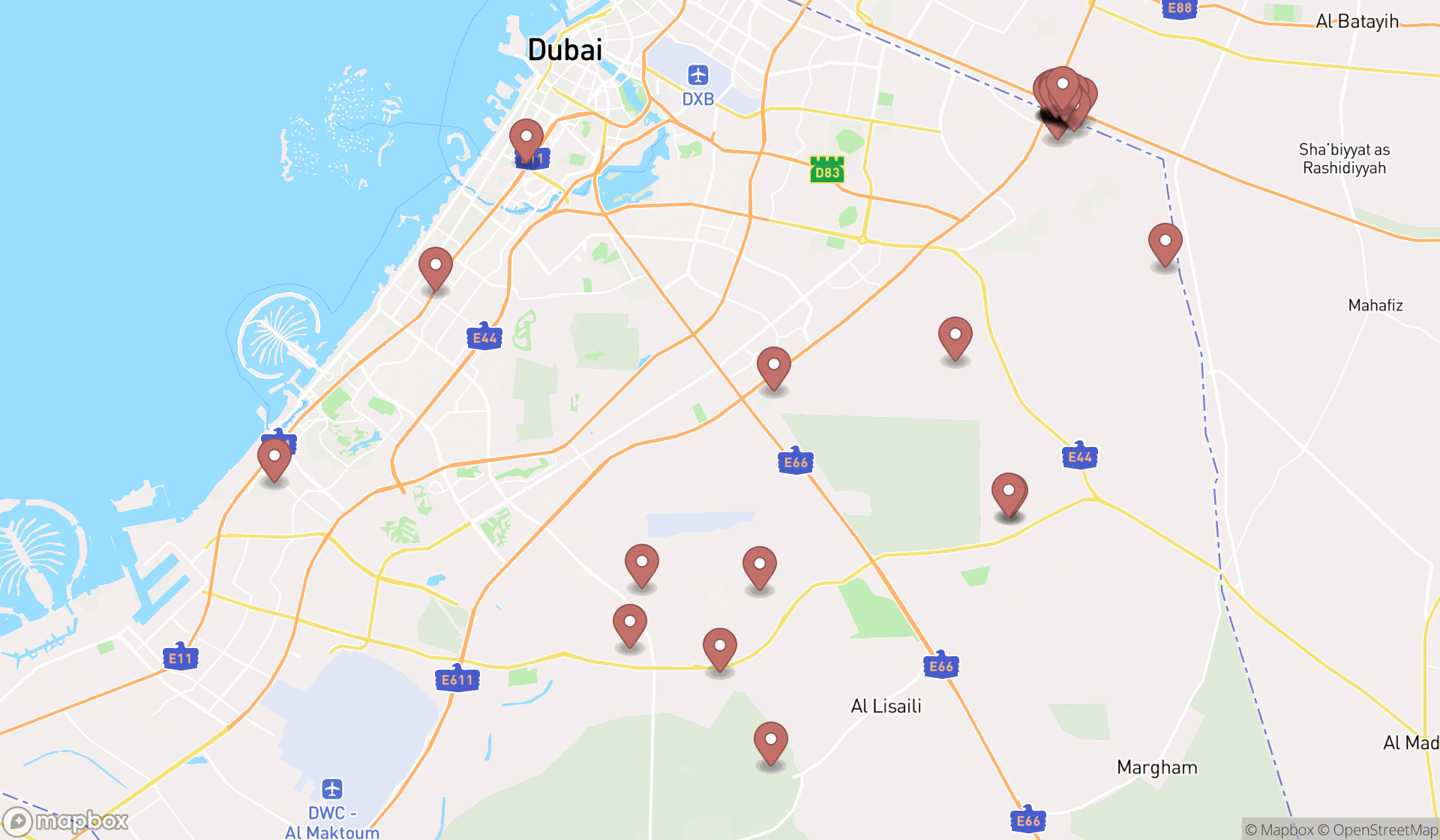 Map showing the search results in Dubai