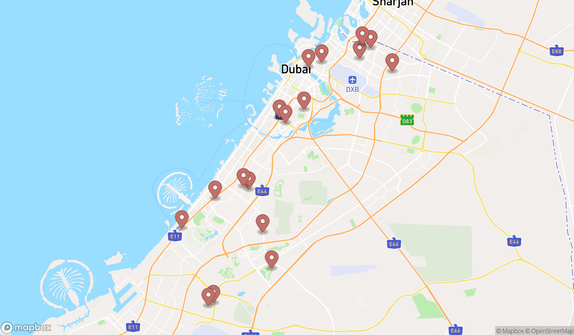 Map showing the search results in Dubai