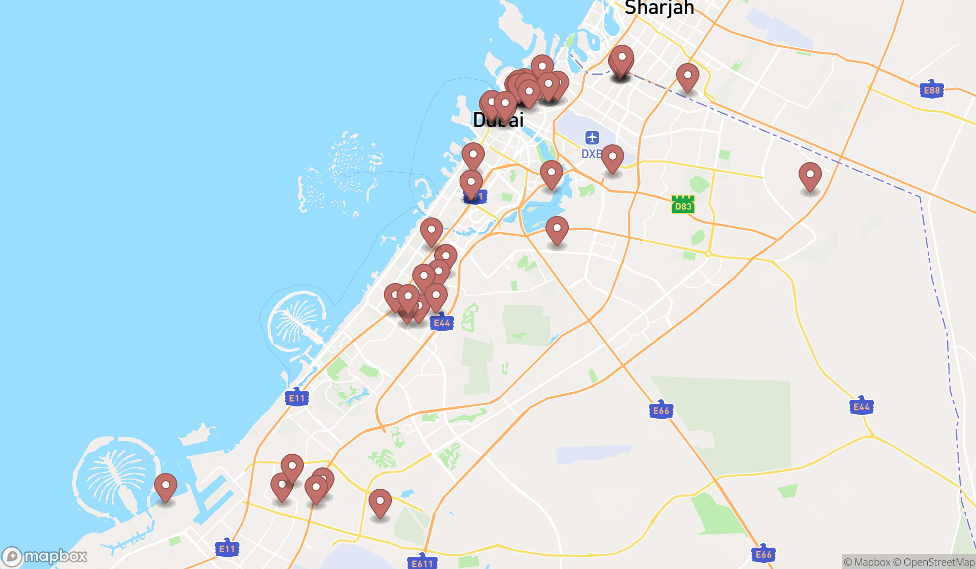 Map showing the search results in Dubai