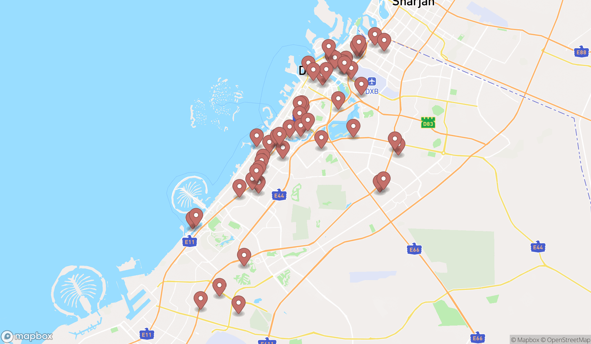 Map showing the search results in Dubai