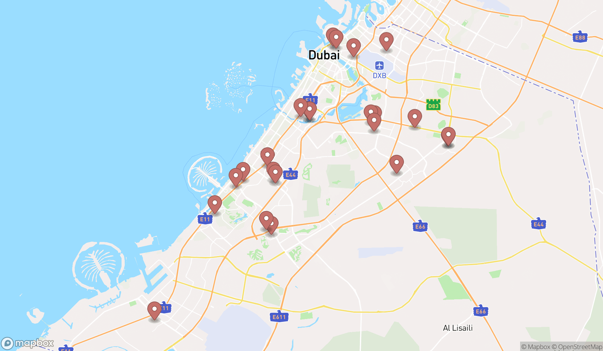 Map showing the search results in Dubai