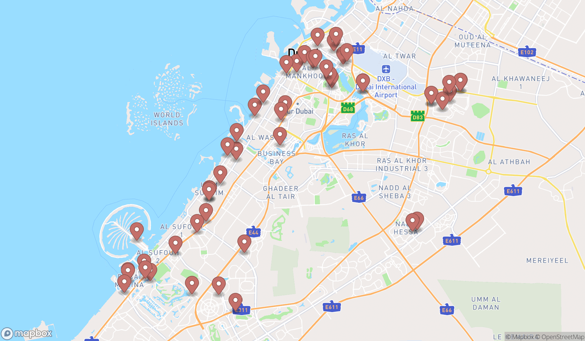Map showing the search results in Dubai