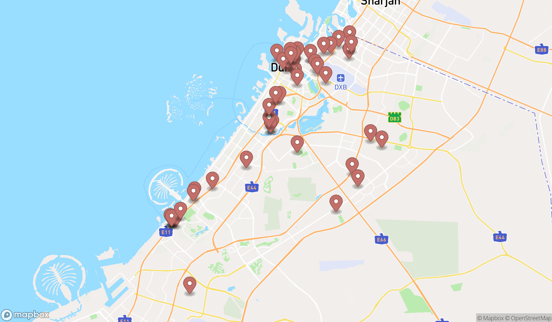 Map showing the search results in Dubai