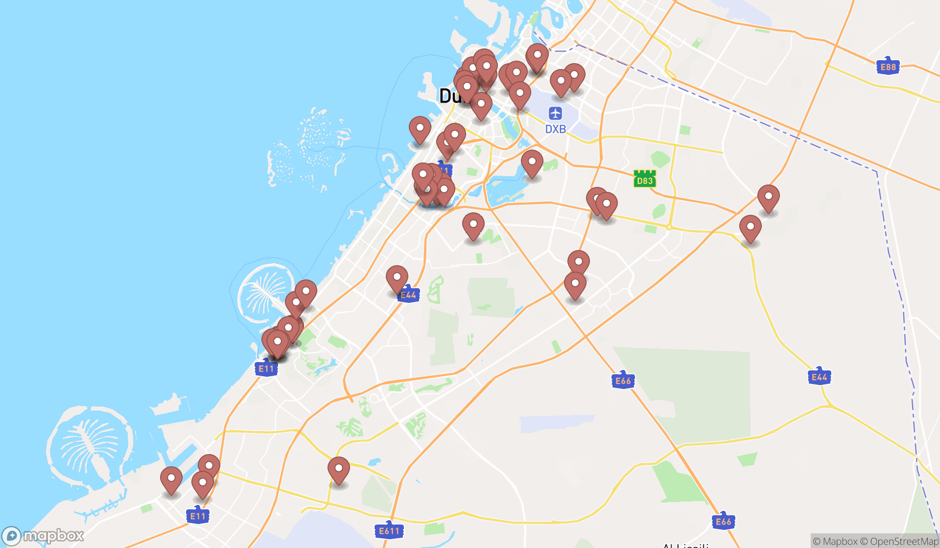 Map showing the search results in Dubai