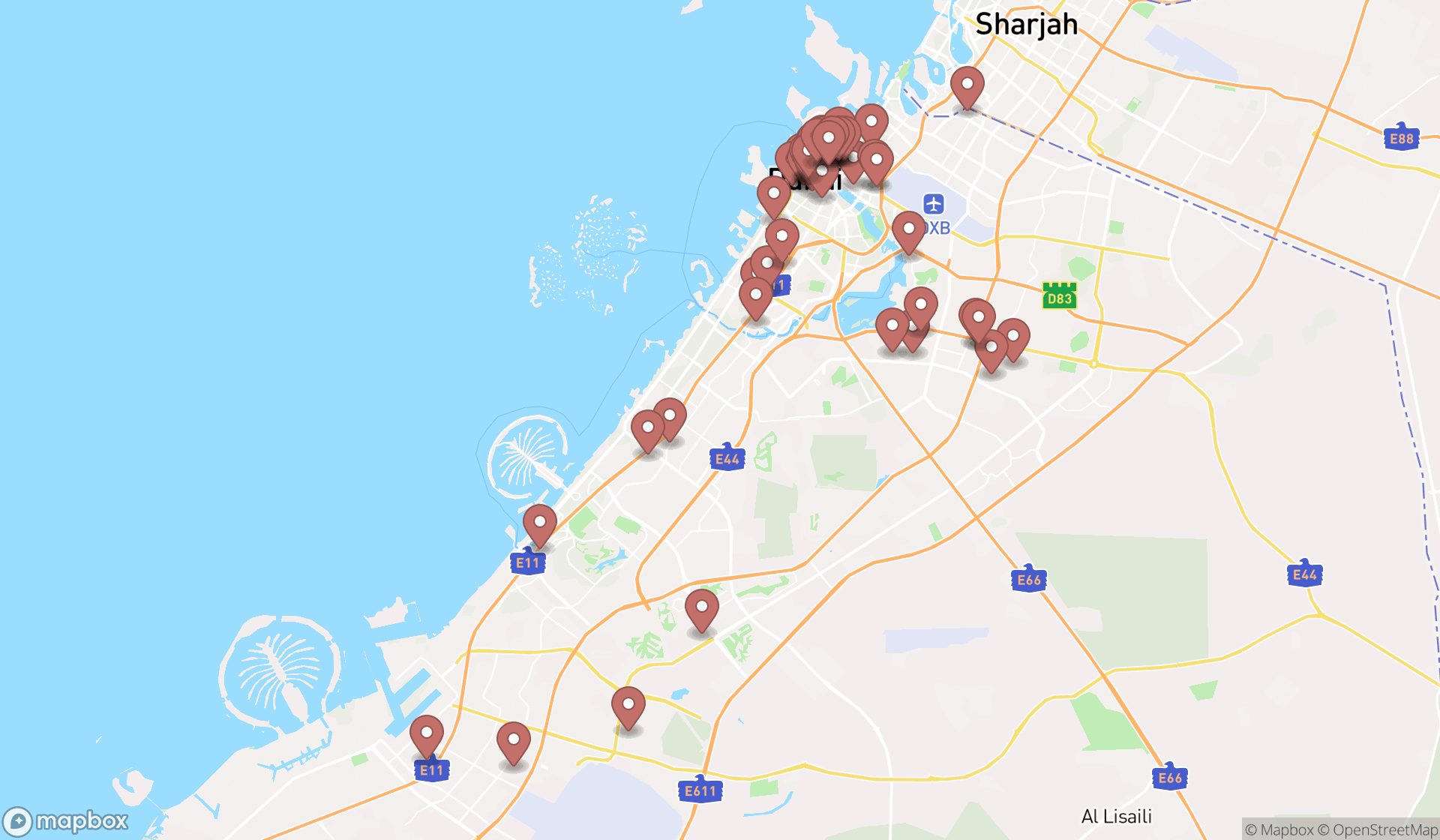 Map showing the search results in Dubai