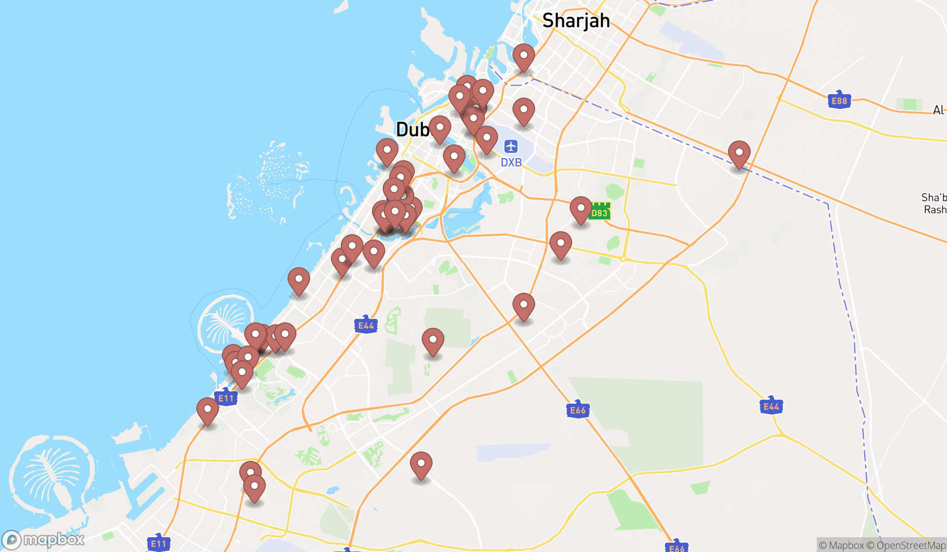 Map showing the search results in Dubai
