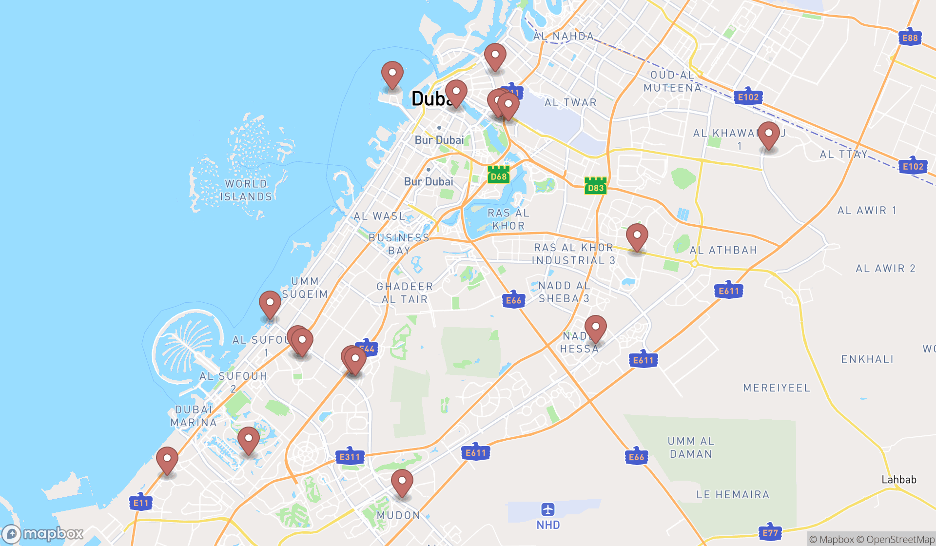 Map showing the search results in Dubai
