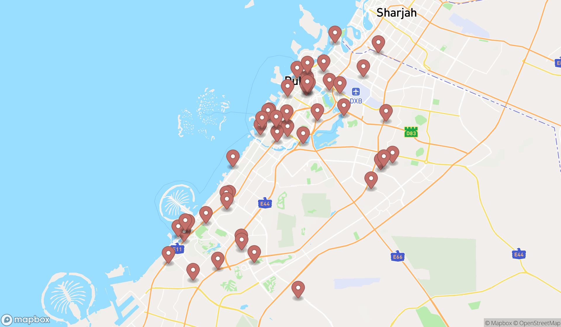 Map showing the search results in Dubai