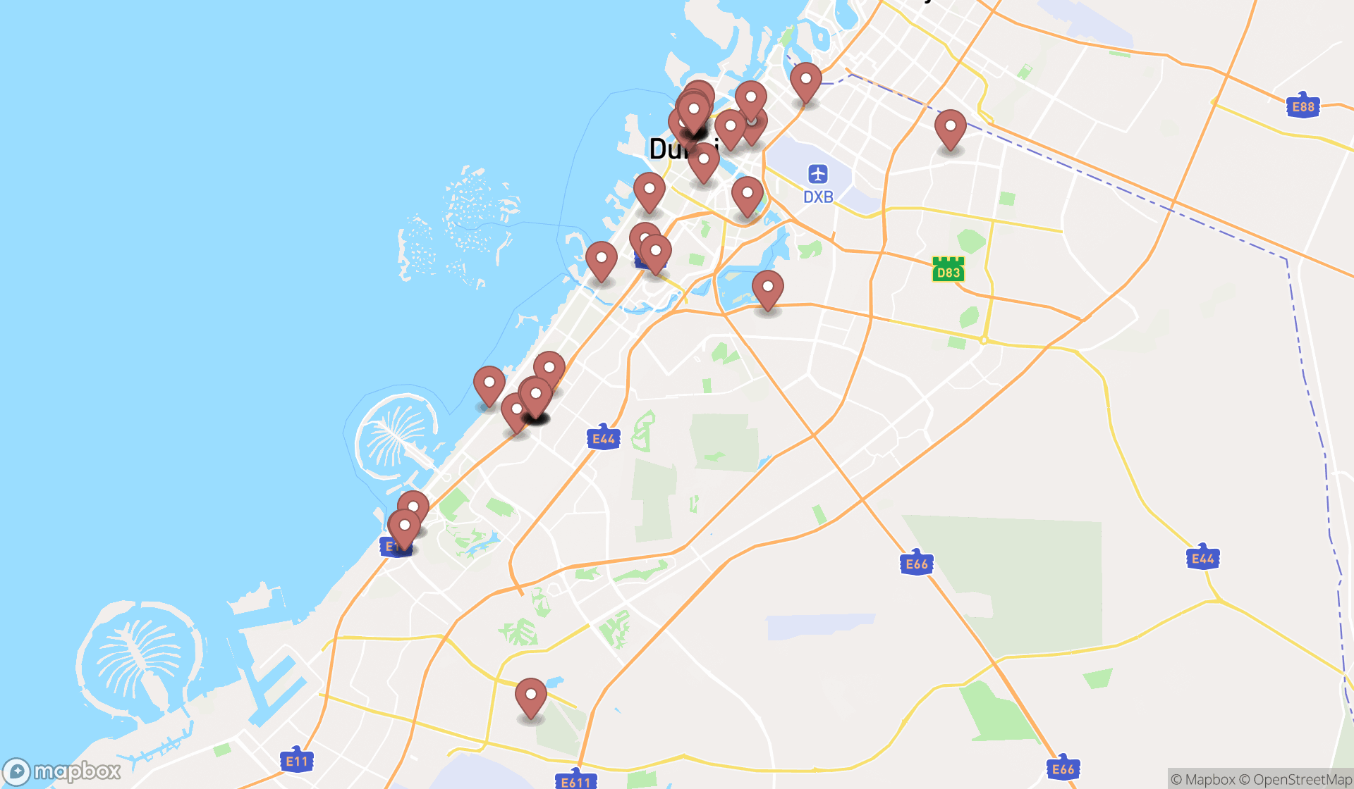 Map showing the search results in Dubai