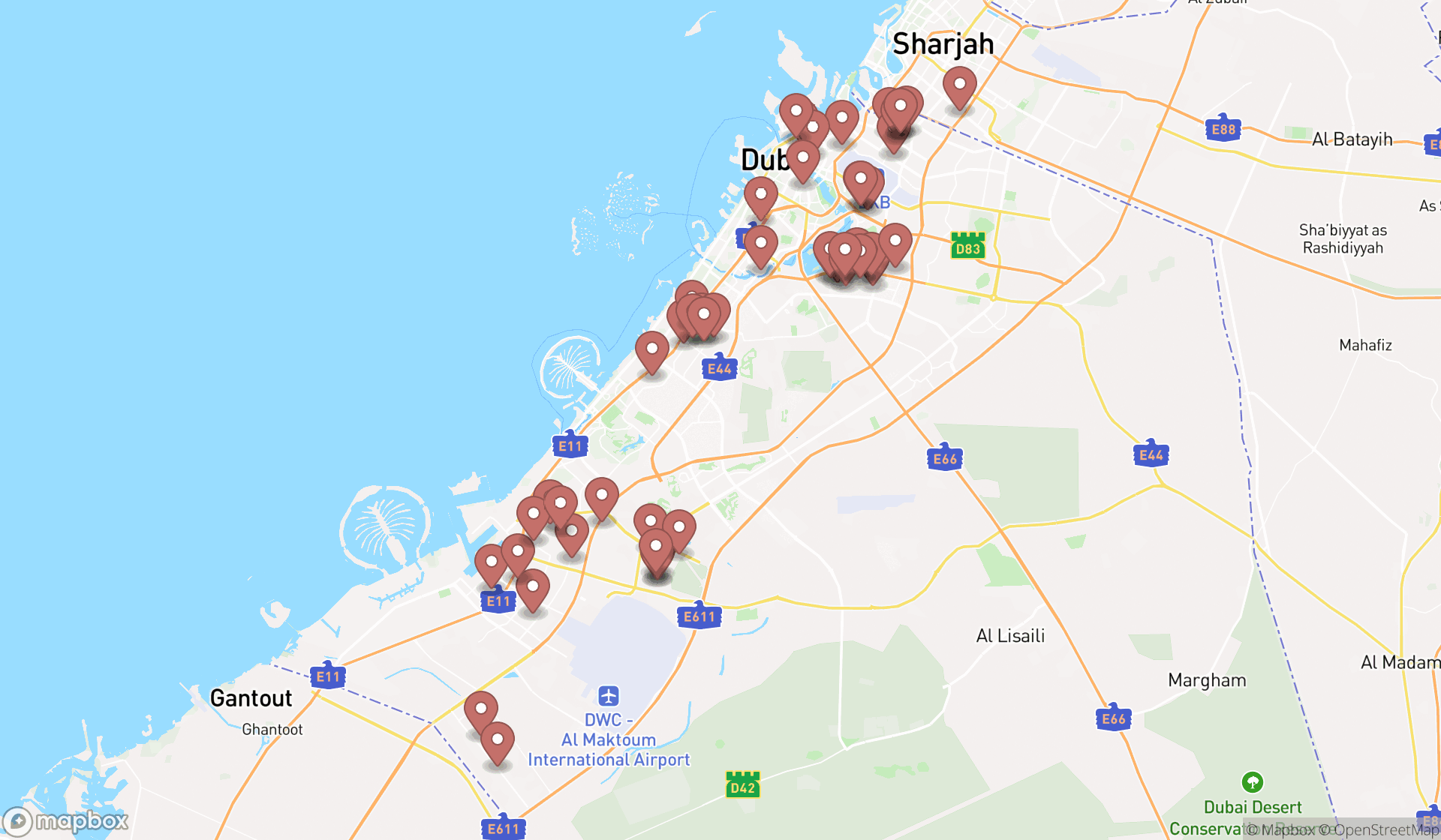 Map showing the search results in Dubai