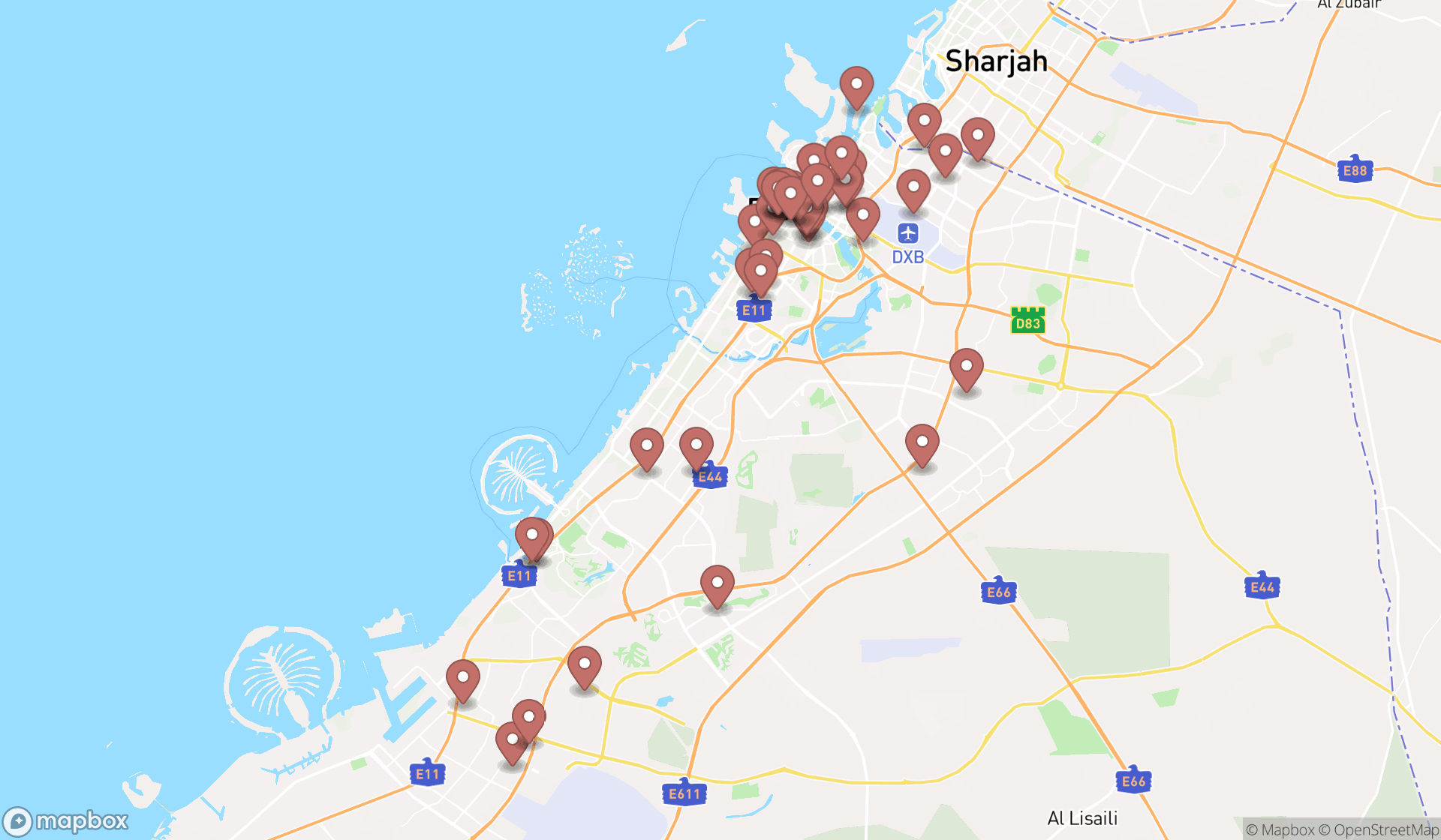 Map showing the search results in Dubai