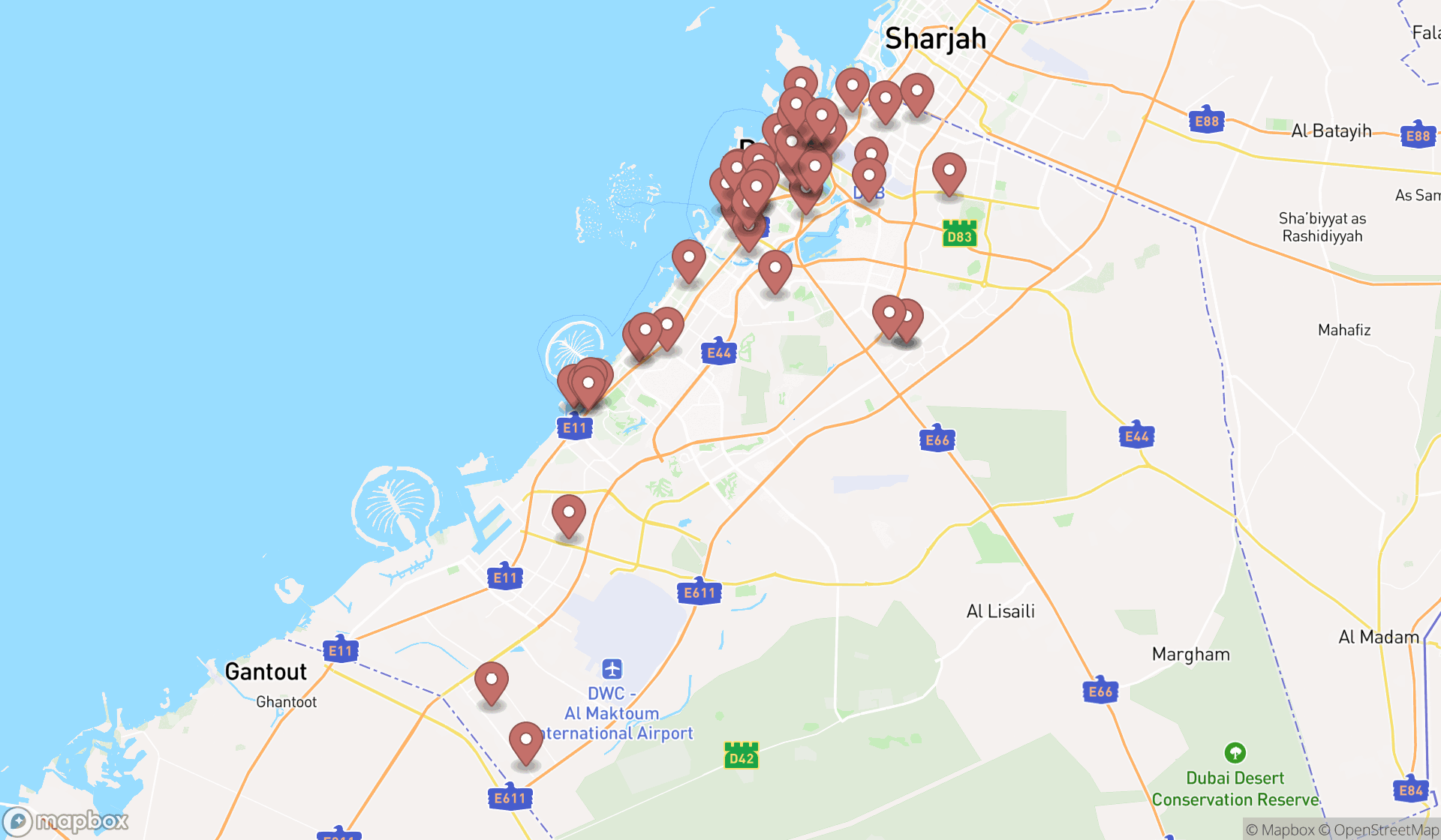 Map showing the search results in Dubai