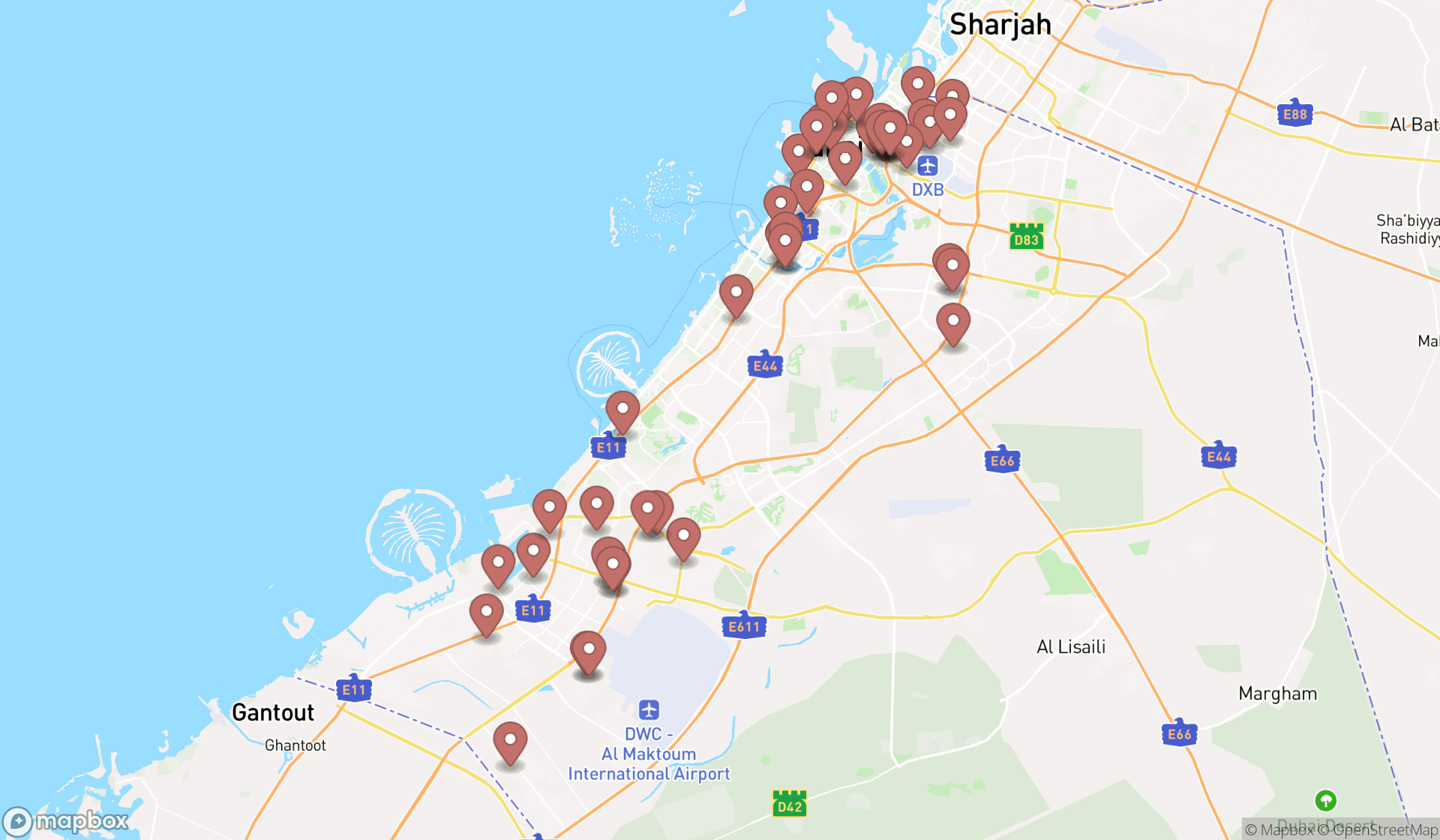 Map showing the search results in Dubai