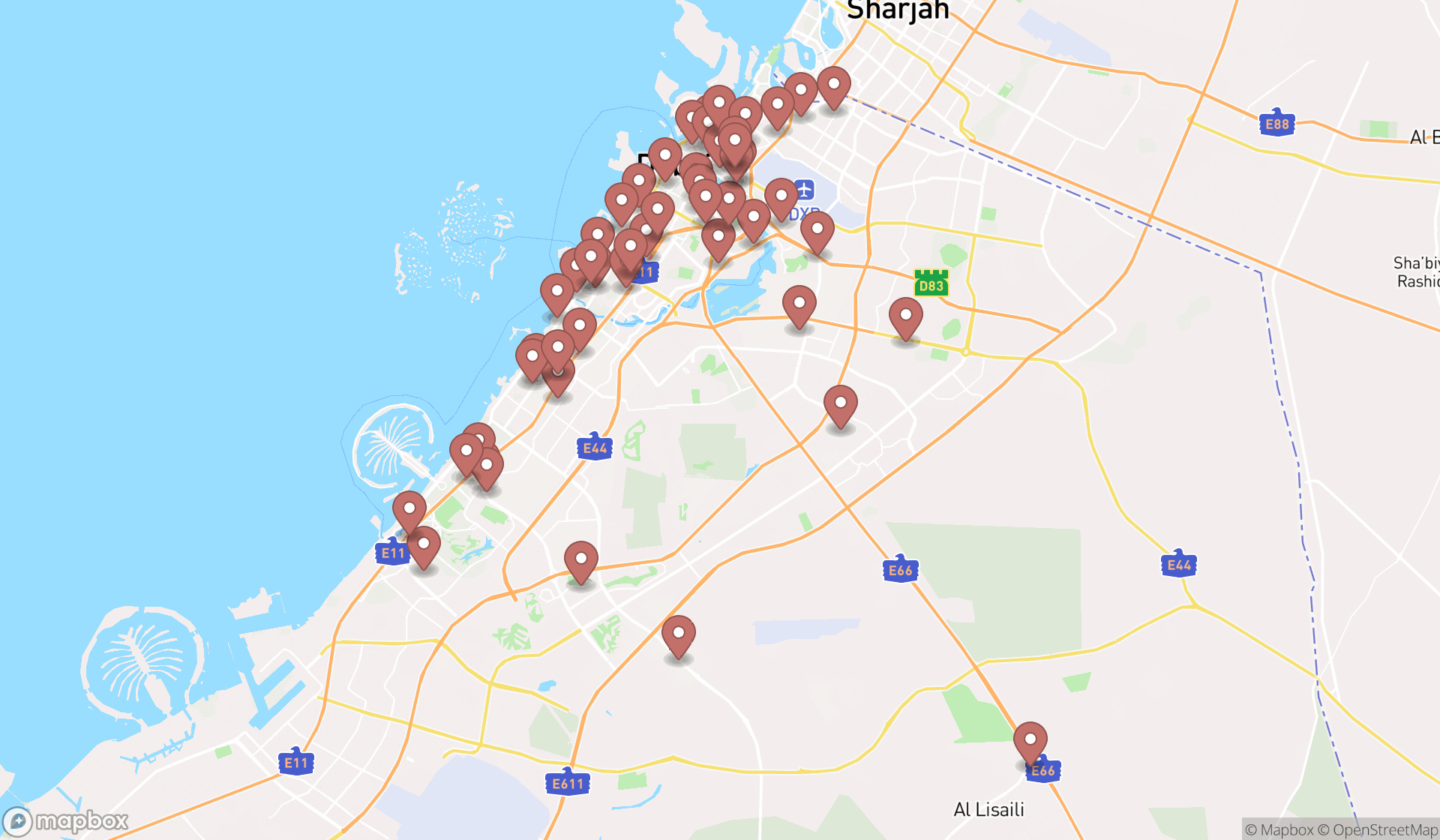Map showing the search results in Dubai