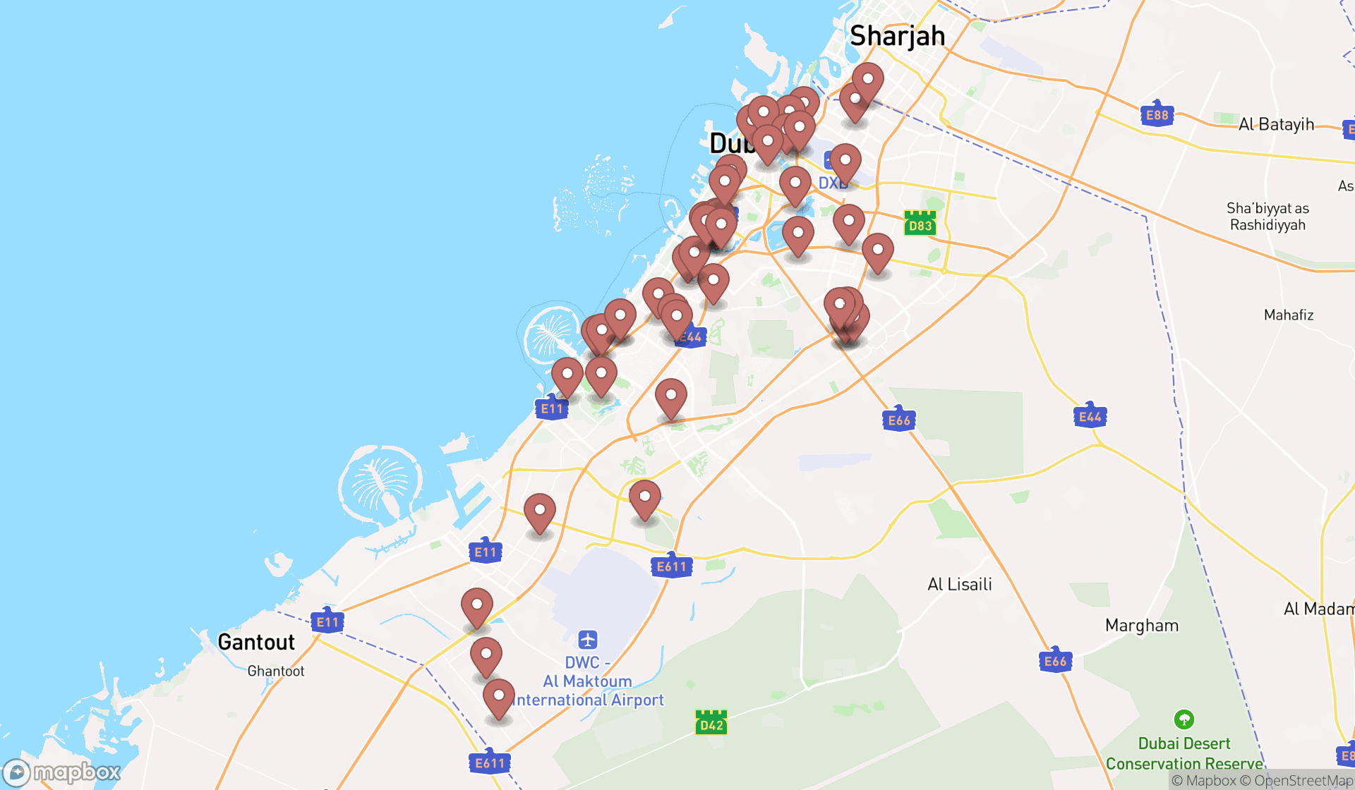 Map showing the search results in Dubai