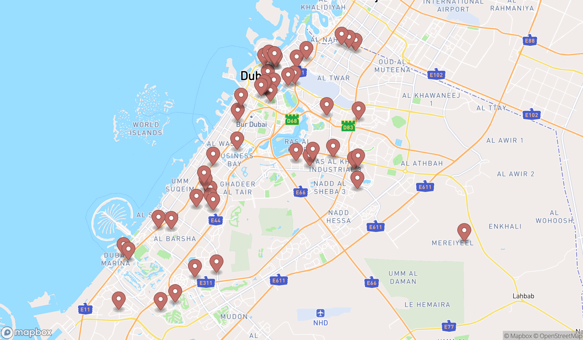 Map showing the search results in Dubai