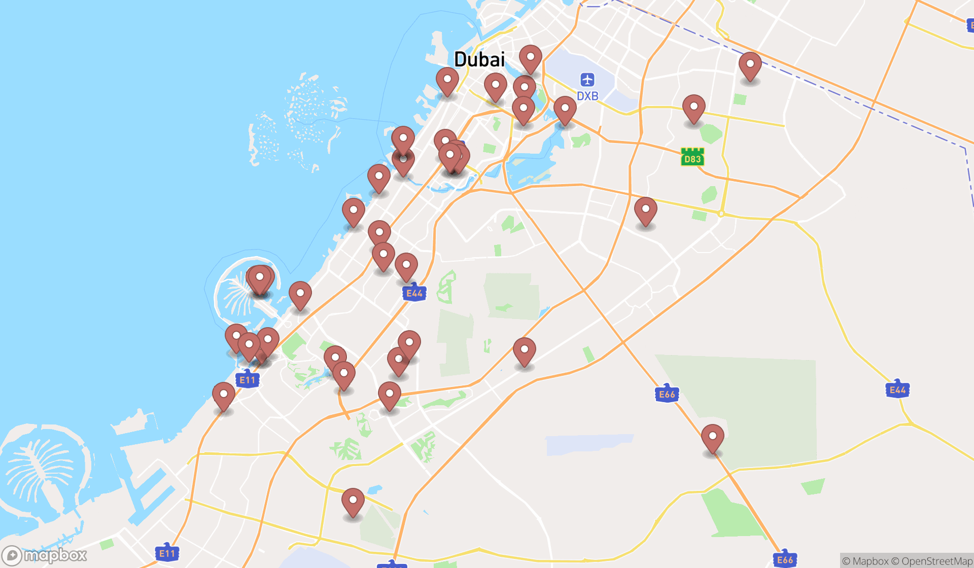 Map showing the search results in Dubai