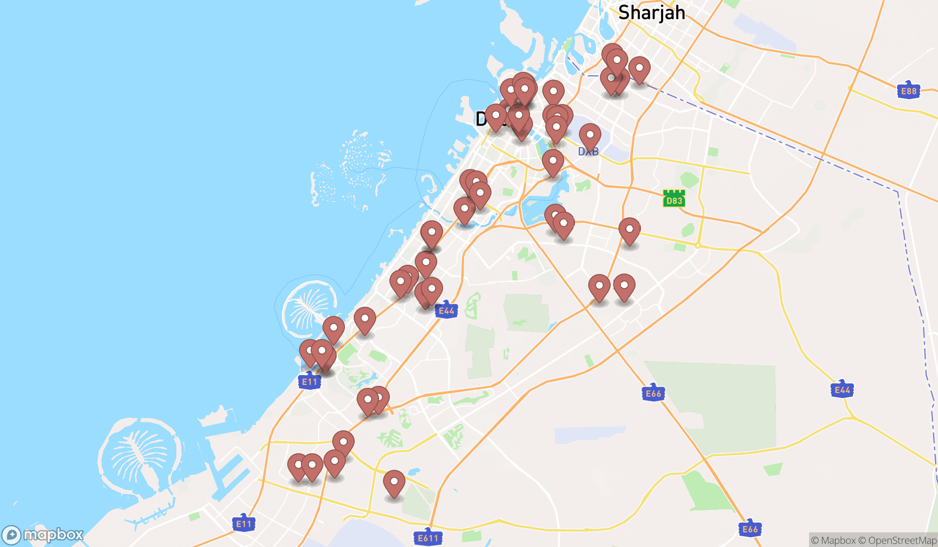 Map showing the search results in Dubai