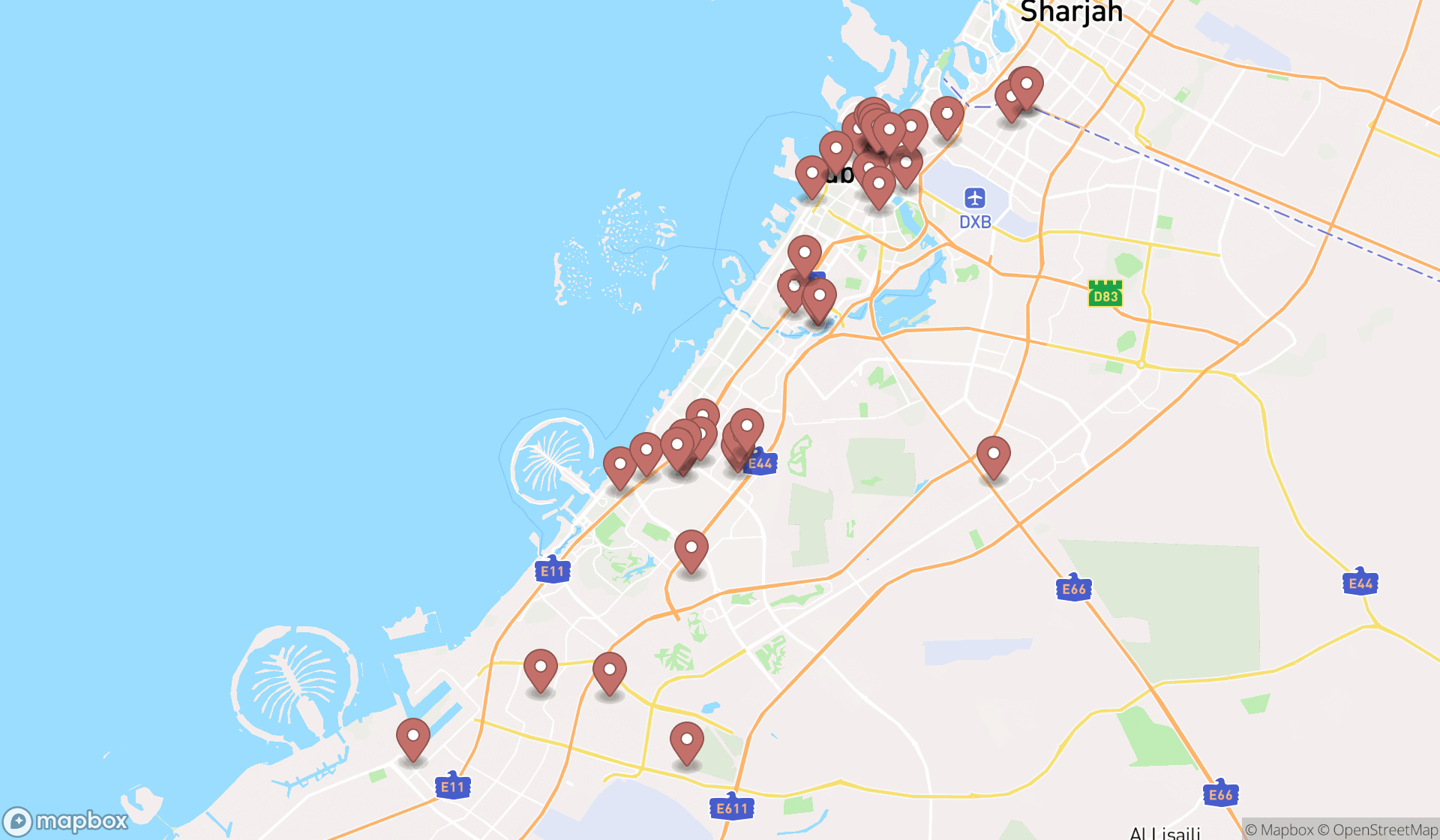Map showing the search results in Dubai