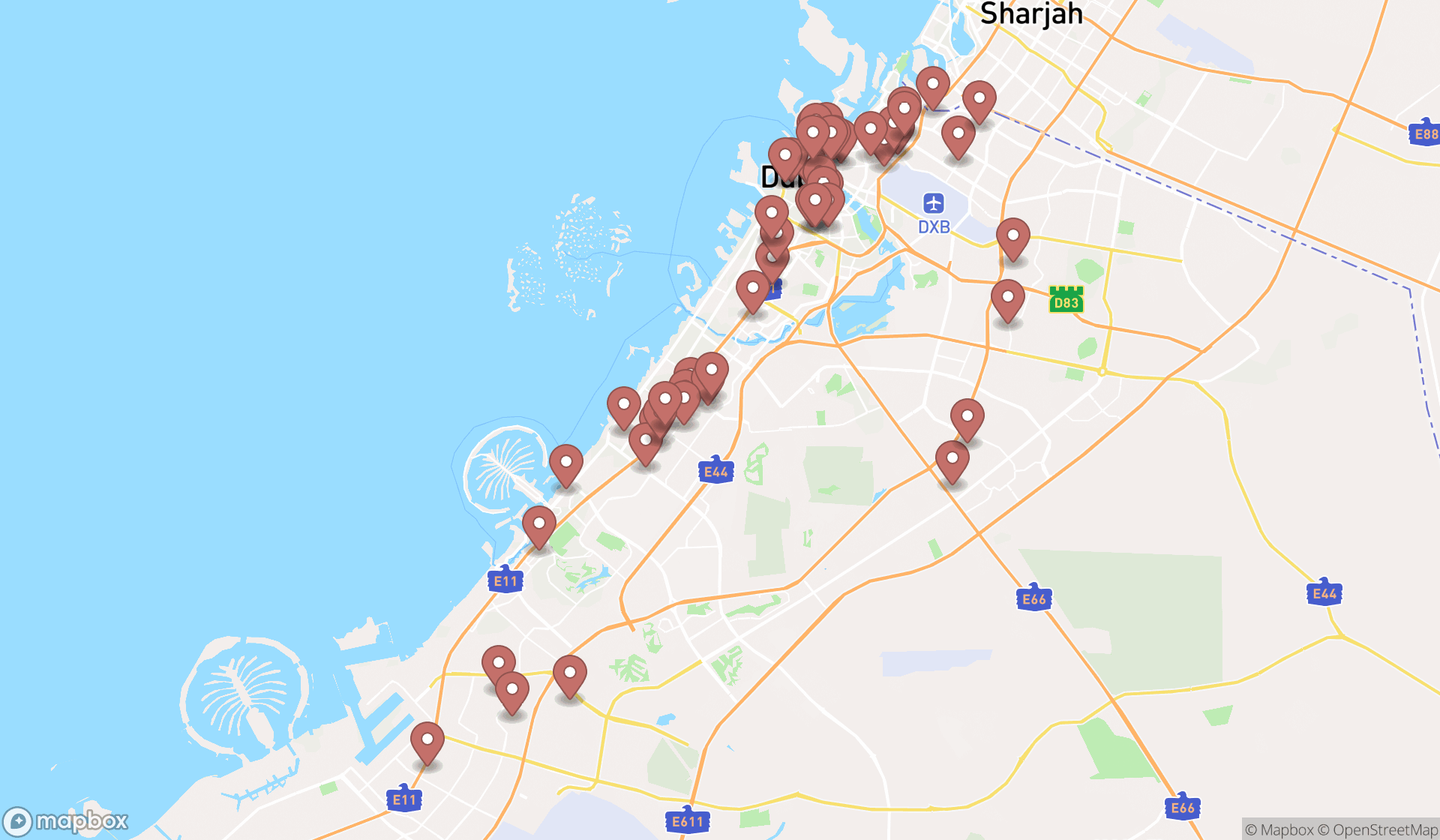 Map showing the search results in Dubai