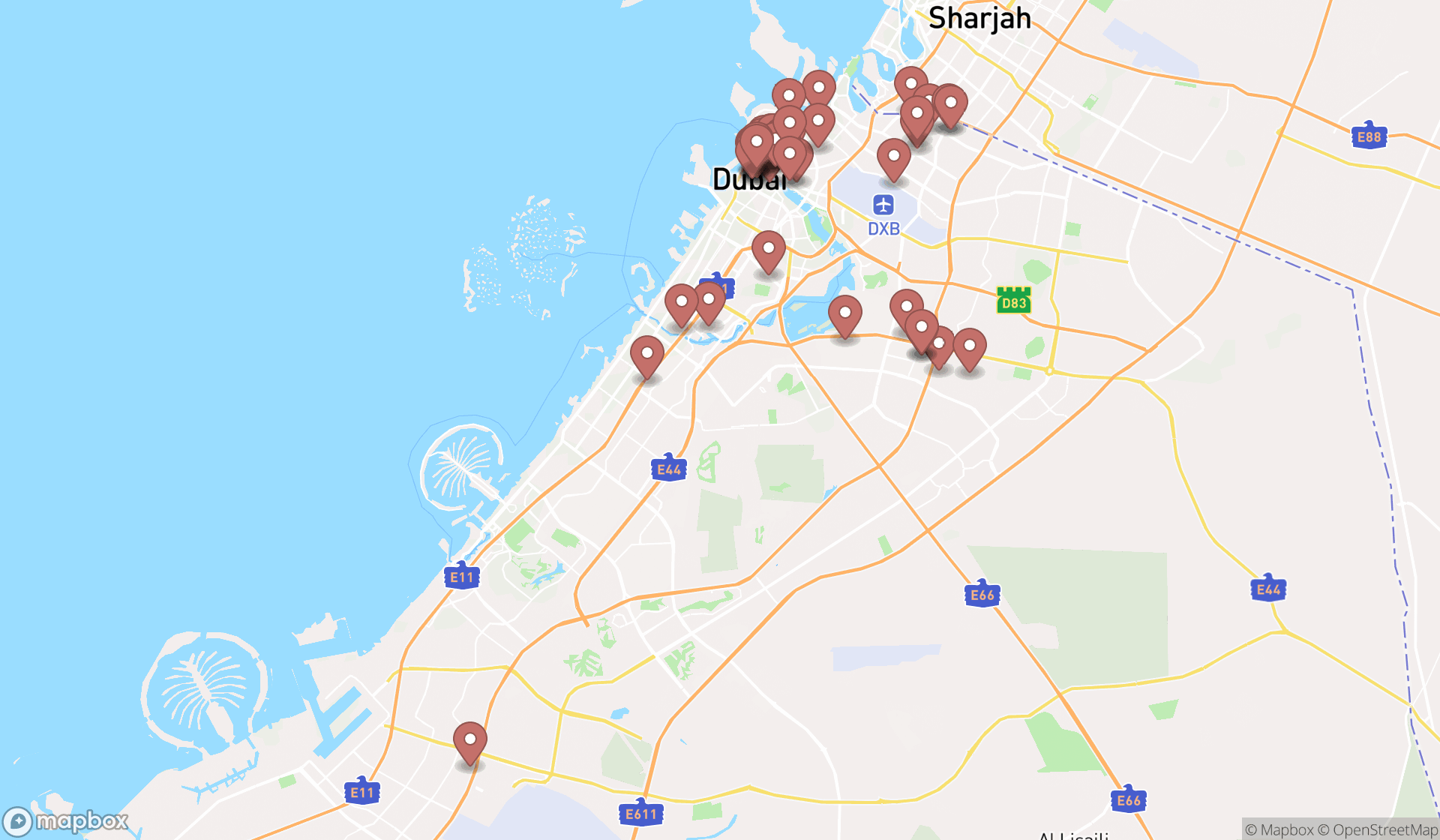 Map showing the search results in Dubai