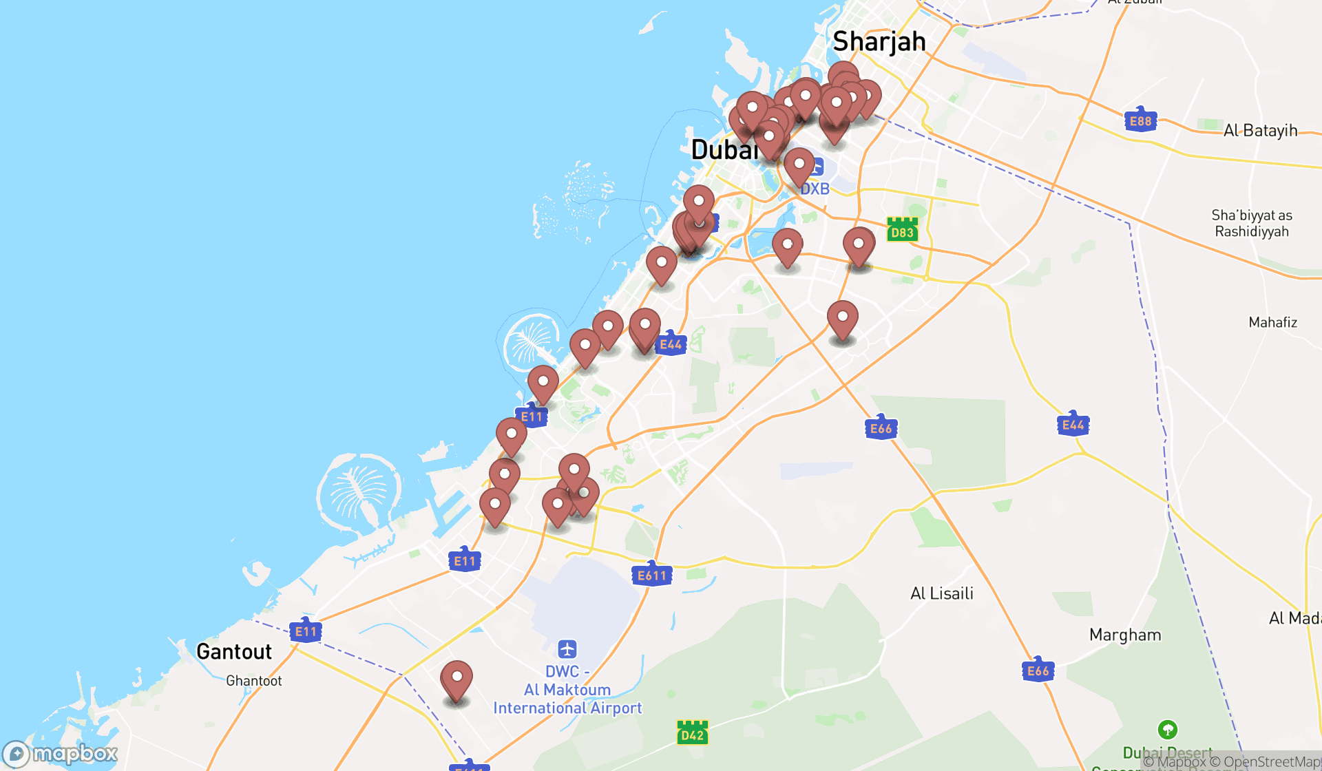 Map showing the search results in Dubai