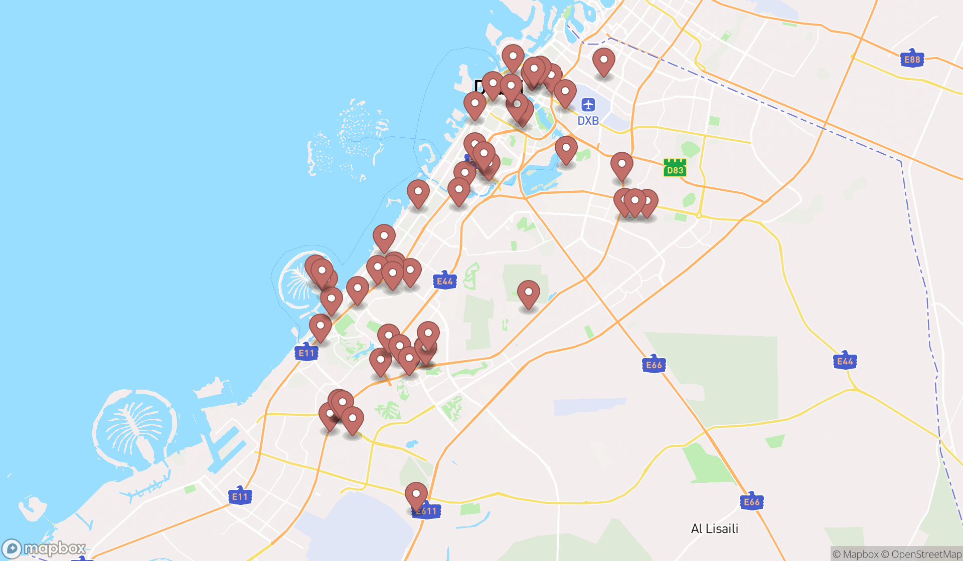 Map showing the search results in Dubai