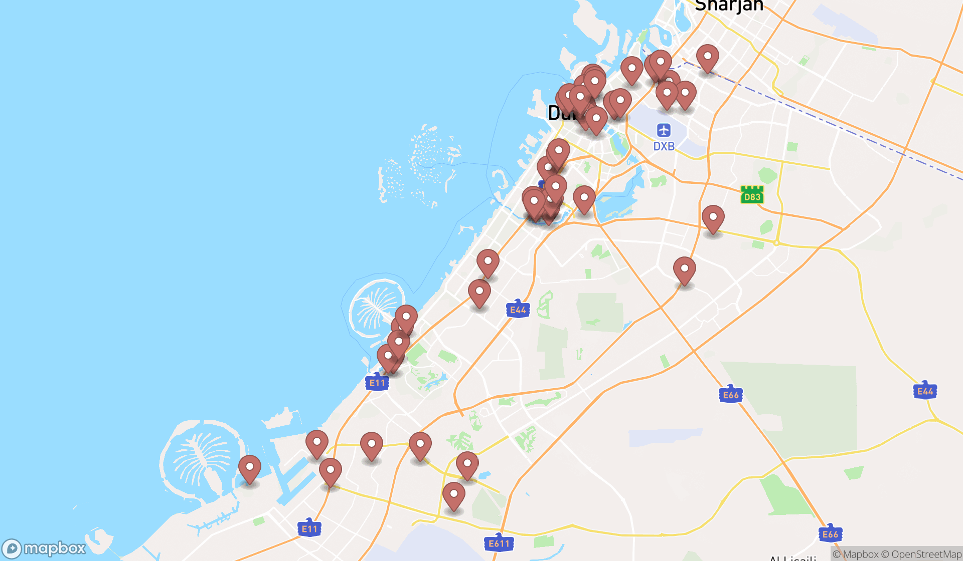 Map showing the search results in Dubai