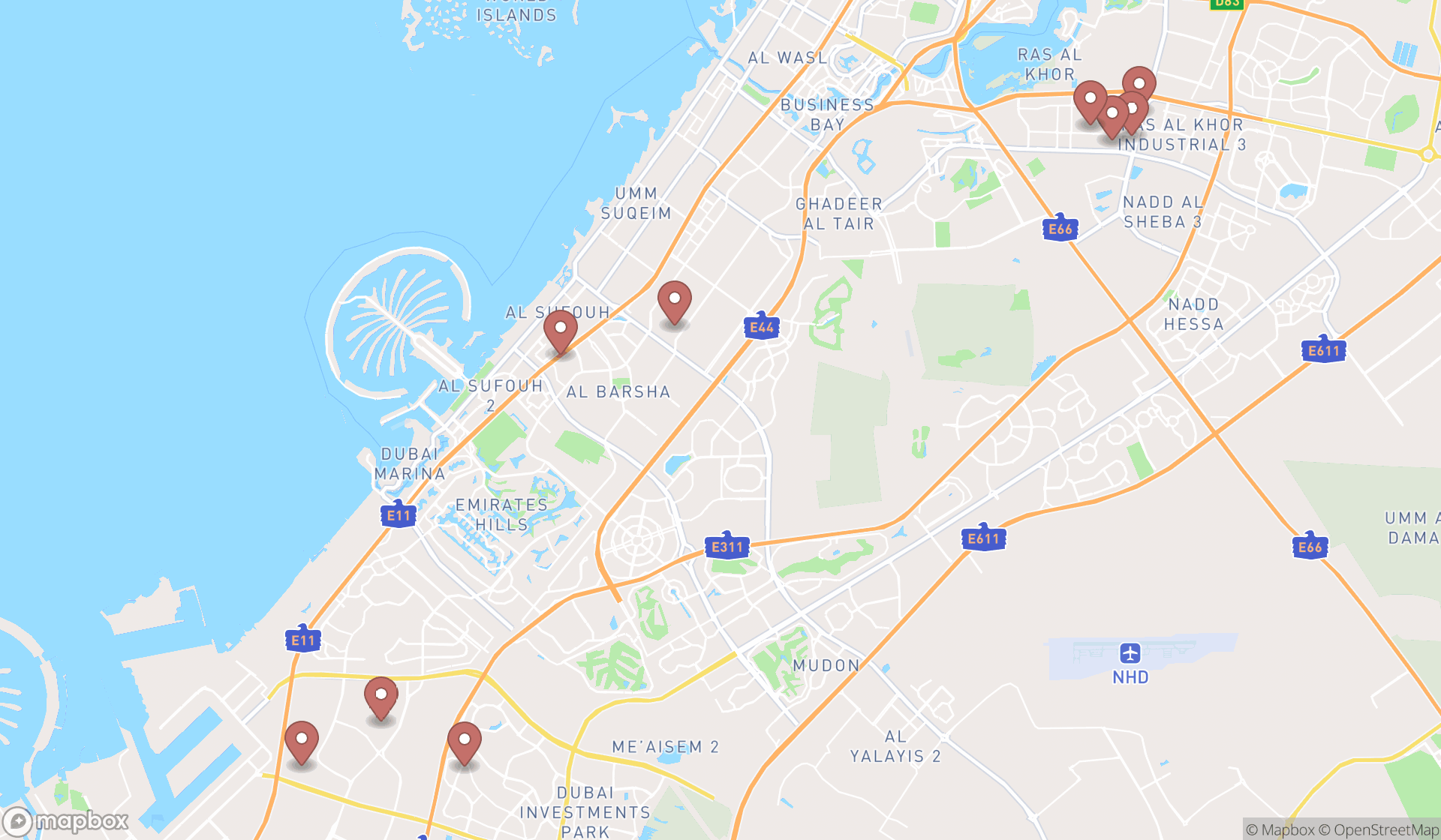 Map showing the search results in Dubai