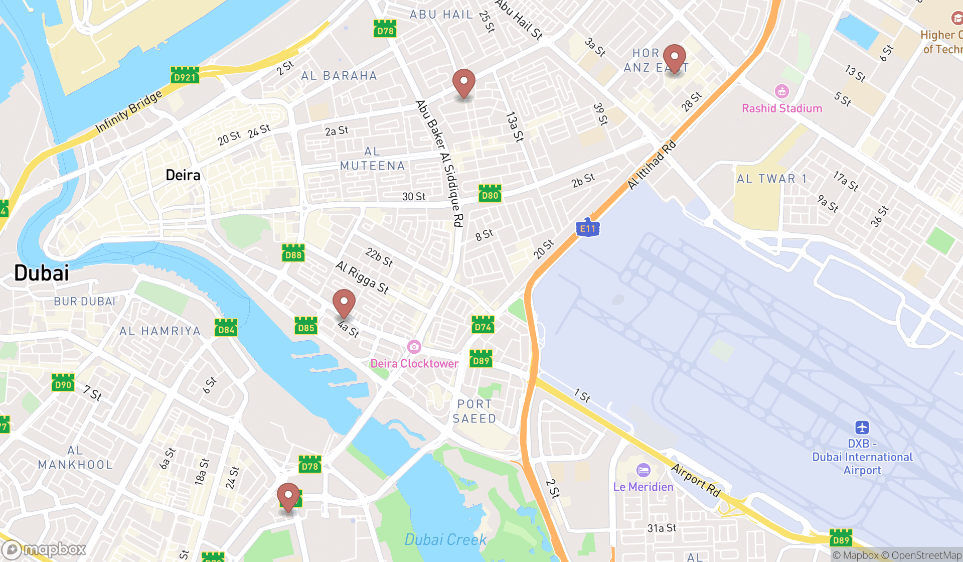 Map showing the search results in Dubai